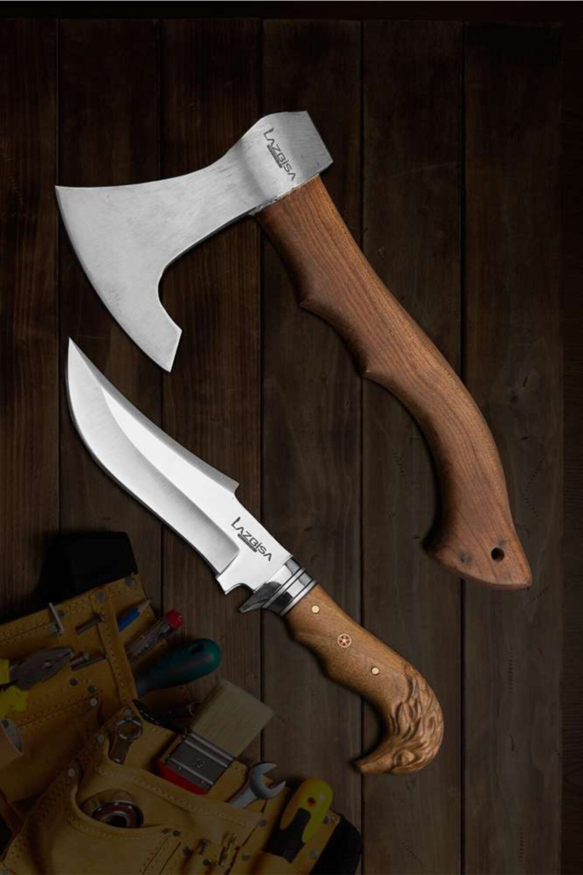 LAZBİSA Outdoor Balta Kamp Nacak Budama Baltası (32 Cm) Çakı Kamp Bıçağı 33 cm Dövme Çelik 2'li Set