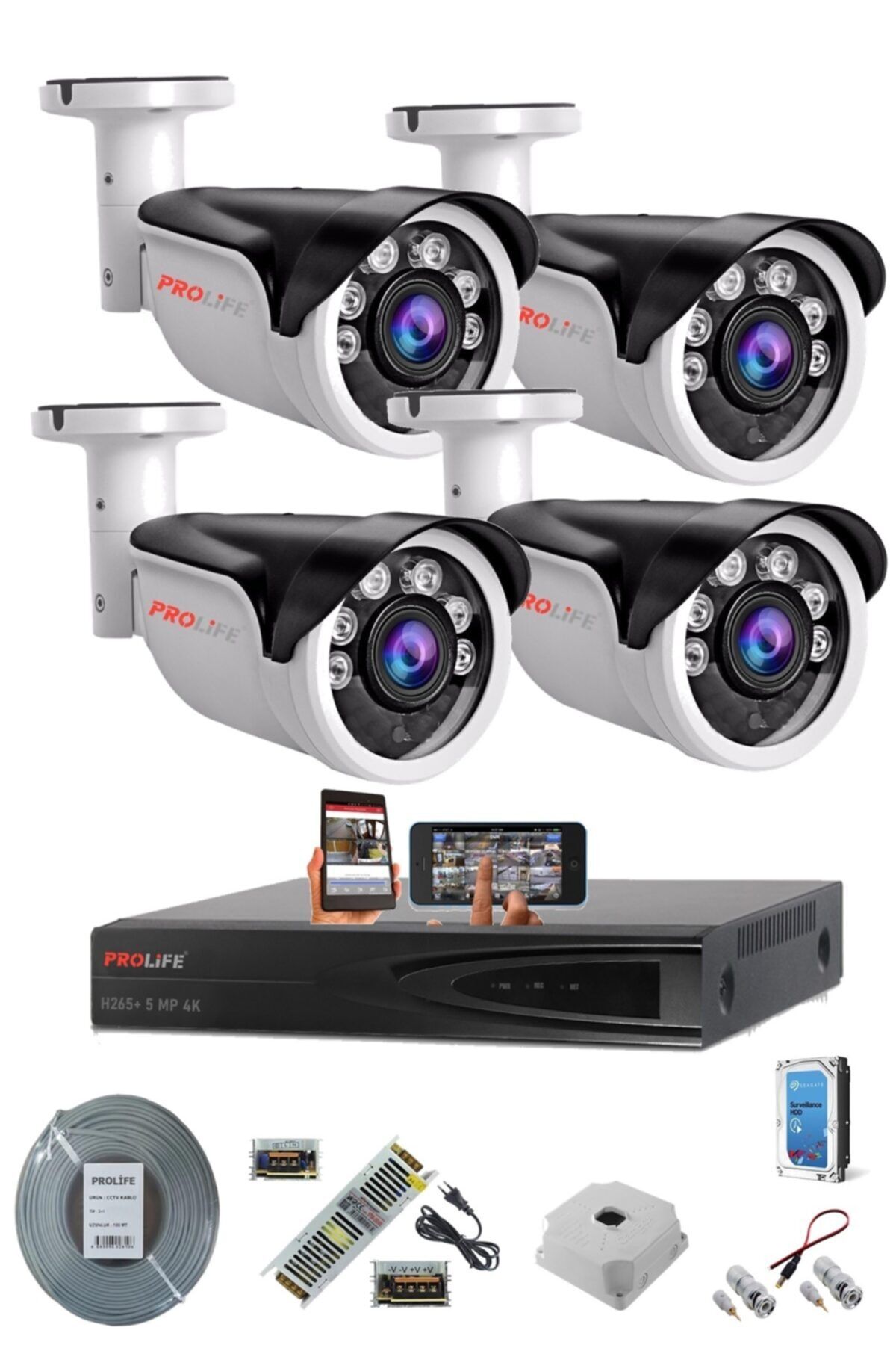 PROLİFE 4 Kameralı 5 Mp Yeni Teknoloji Yüz Algılama Sistemi Ultrahd Gece Görüşlü Su Geçirmez Cepten Izlemeli