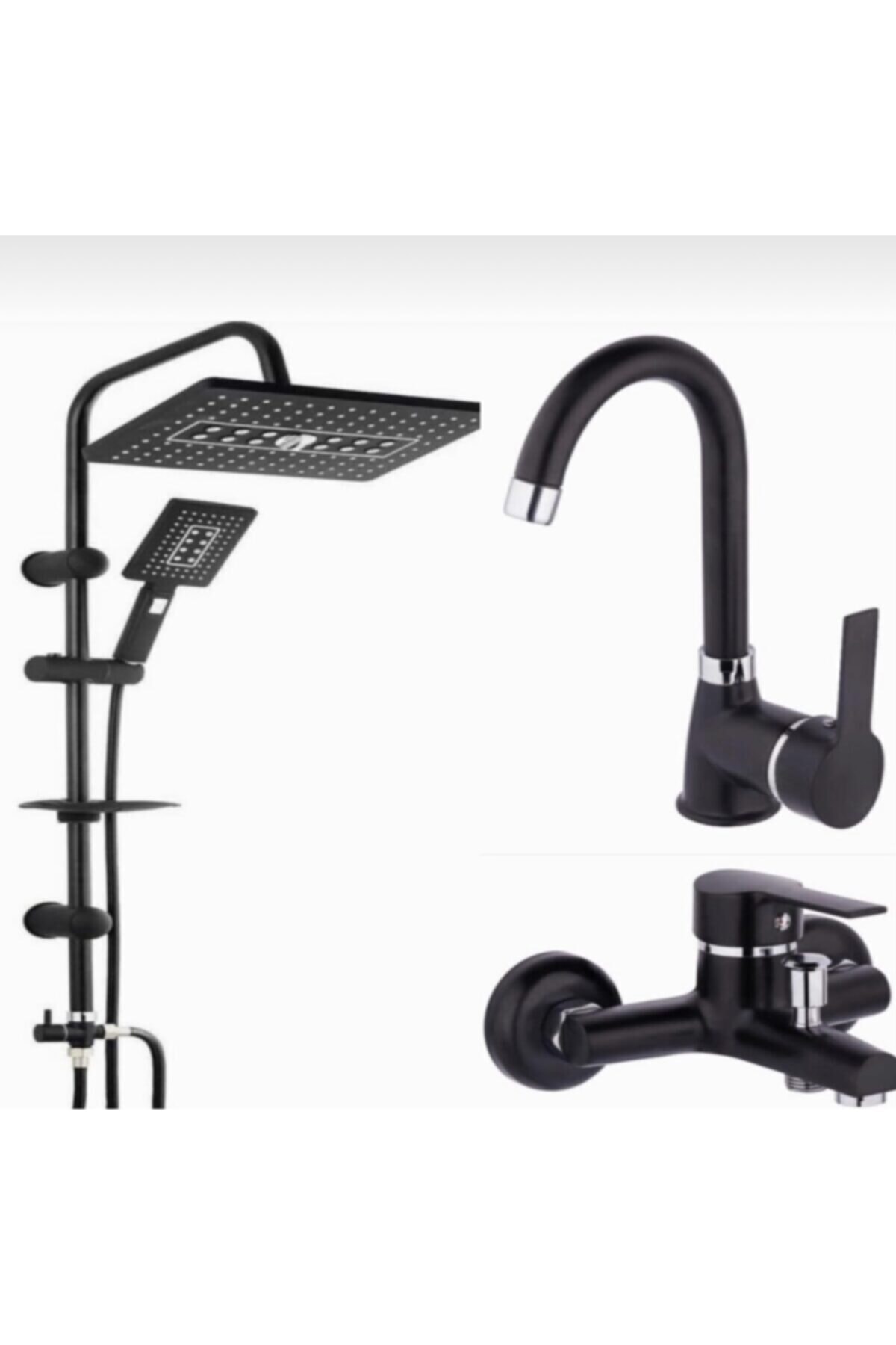 MUSLUK MARKETİ Black Siyah Banyo Lavabo Bataryası Ve Duş Takımı