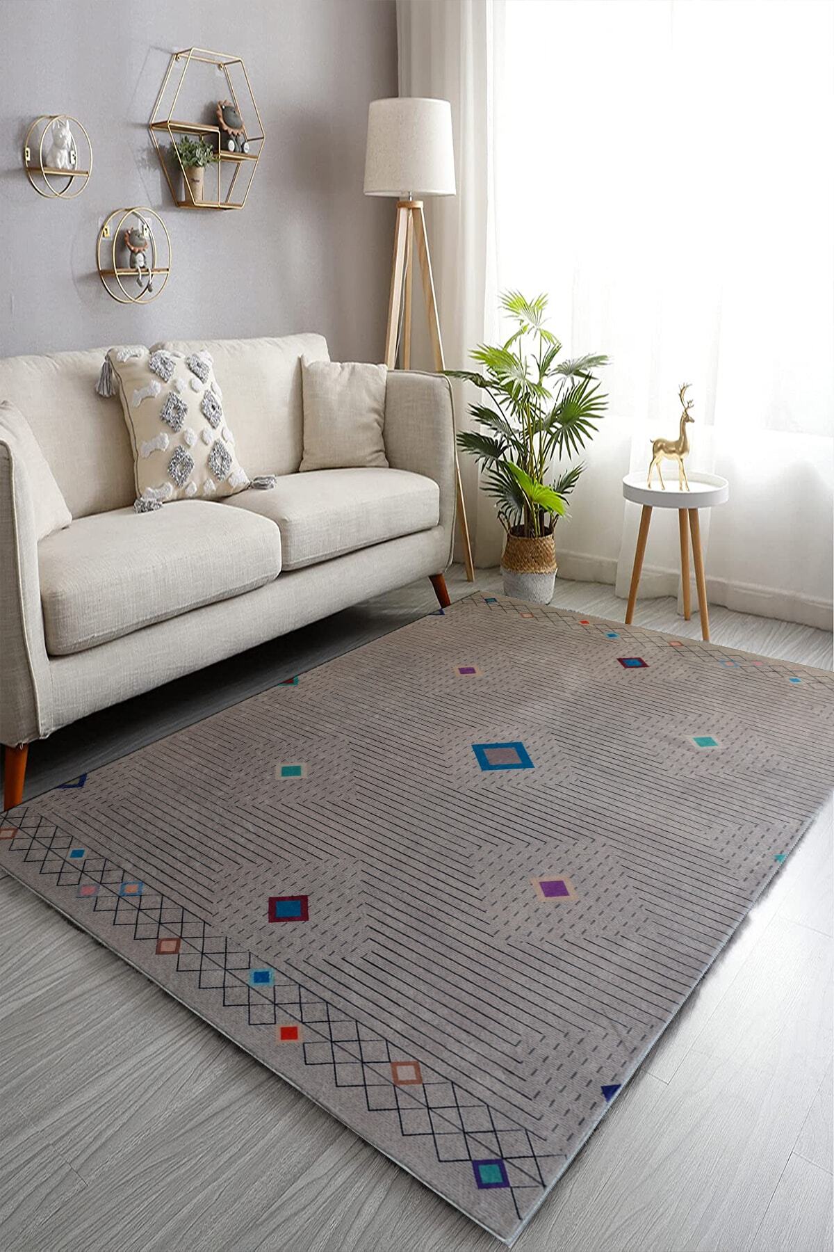 CÖMERT HOME COLLECTİON Dekoratif Yıkanabilir Kaymaz Dijital Baskılı Gri Renkli Küçük Kare Desenli Salon Halısı
