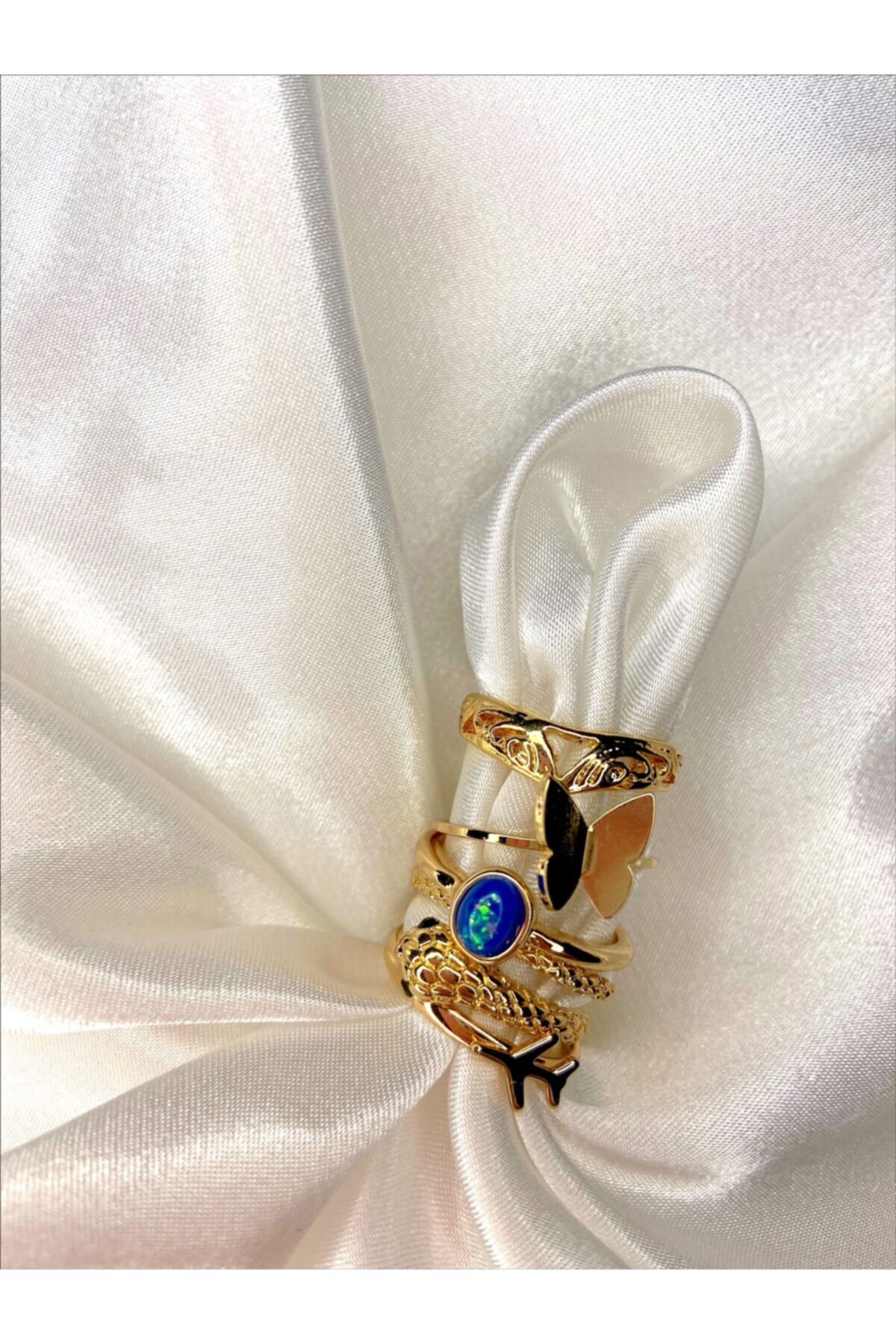 SINE ACCESSORY 5 'li Gold Mavi Çelik Yüzük Seti