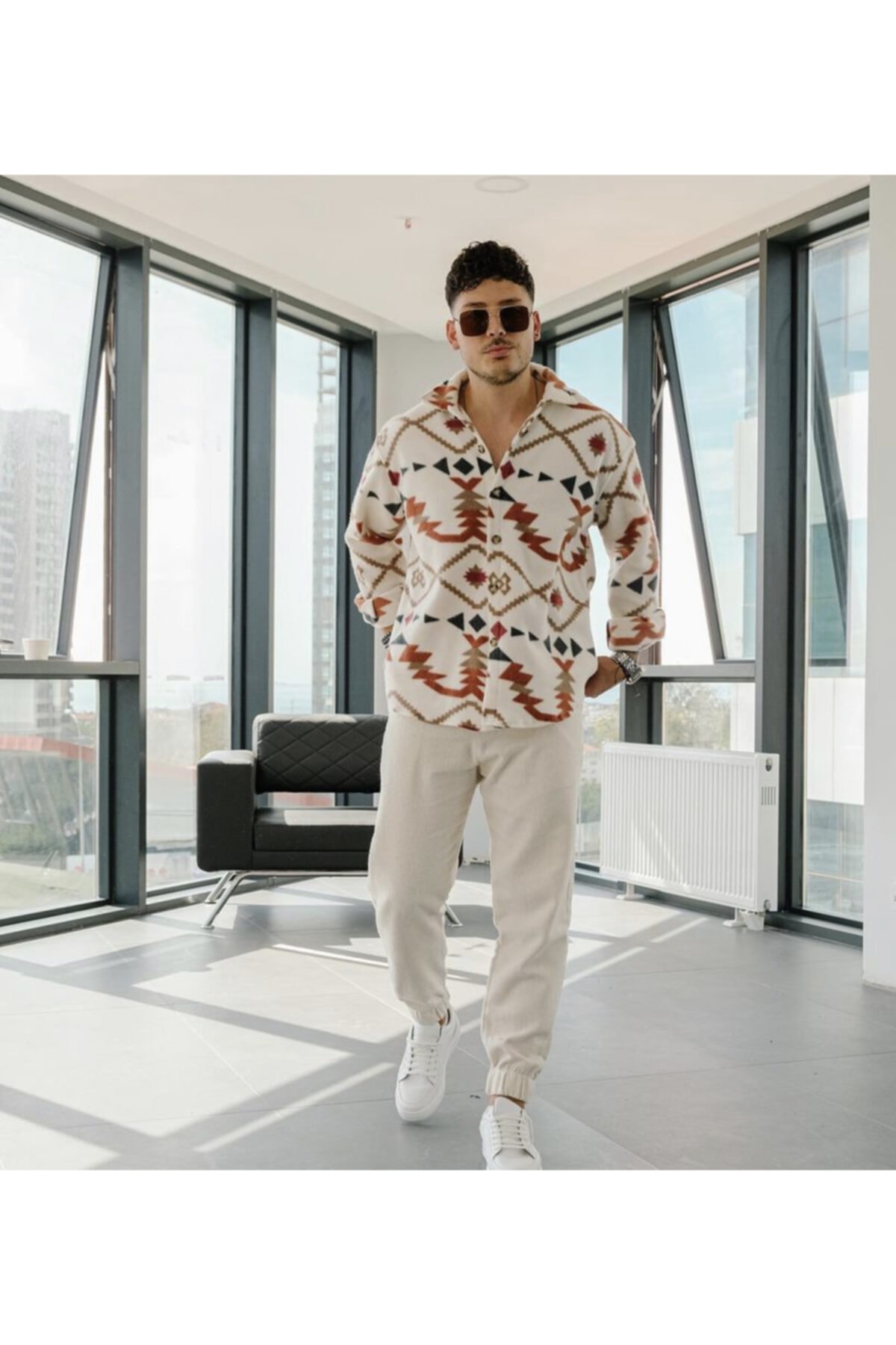 İnan Store Erkek Kışlık Etnik Desen Oversize Polar Oduncu Gömlek