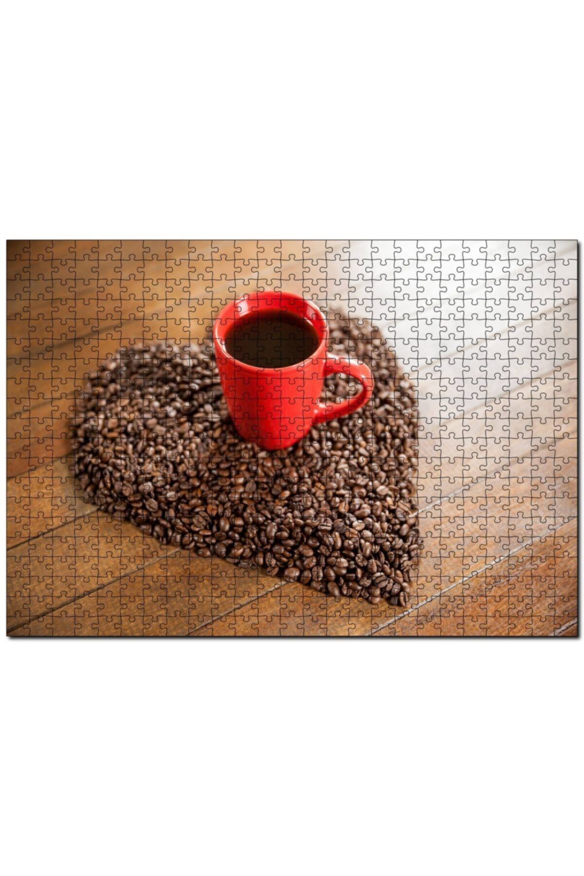 Cakapuzzle Kalp Şeklinde Kahve Çekirdekleri Ve Kırmızı Fincanda 1000 Parça Puzzle Yapboz Mdf(ahşap)