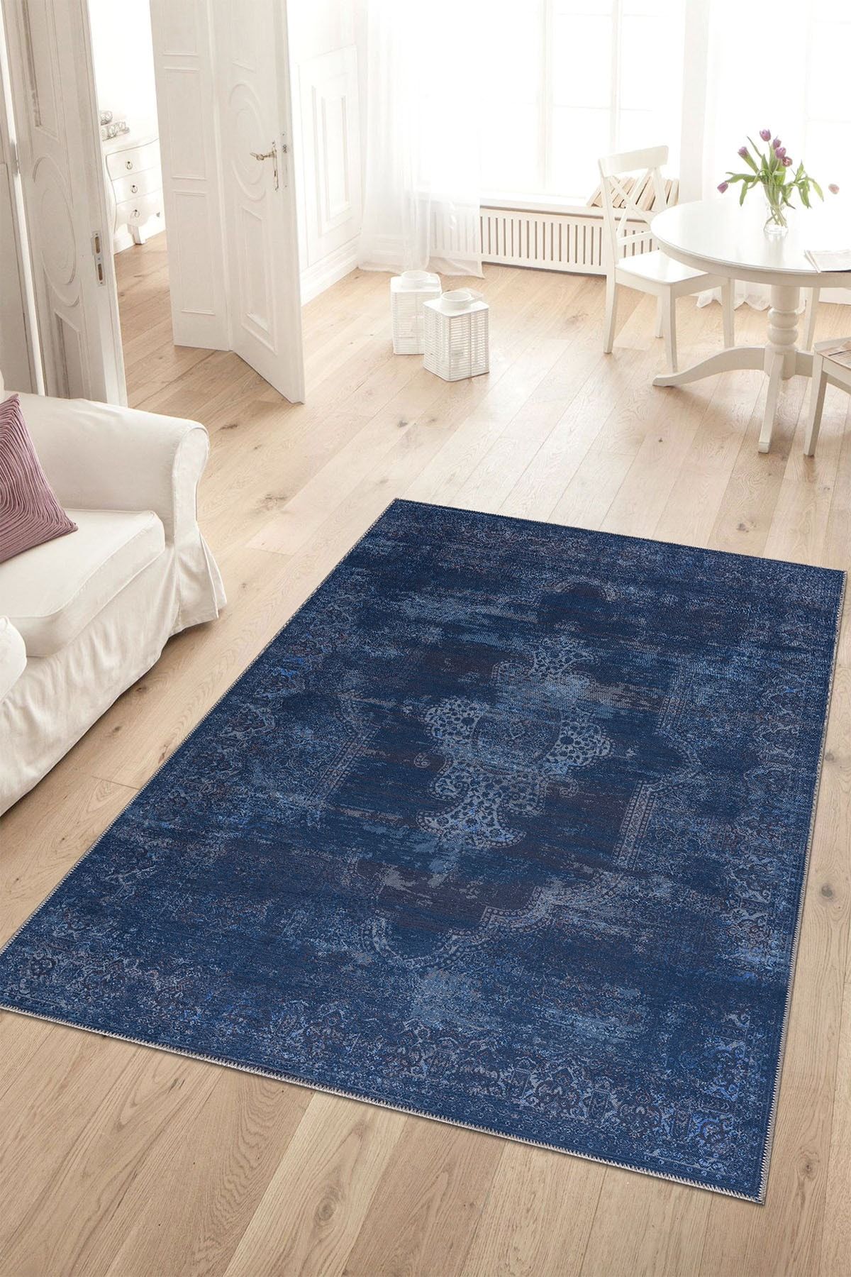 WOVEN HOME Babil Şönil Dokuma Lacivert Mavi Dekoratif Yıkanabilir Pamuk Tabanlı Halı