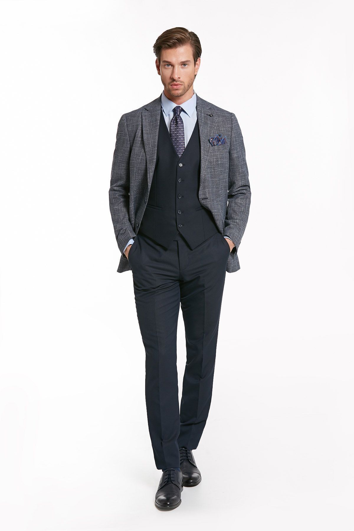 Hatemoğlu Lacivert Desenli Slim Fit Yelekli Takım Elbise