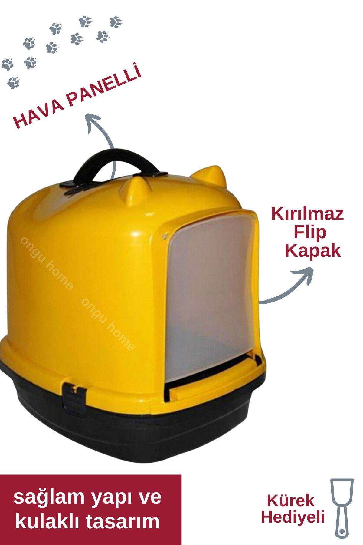 ongu home Pet Style Kapalı Kedi Tuvaleti Kulaklı Tasarım Sarı Leos