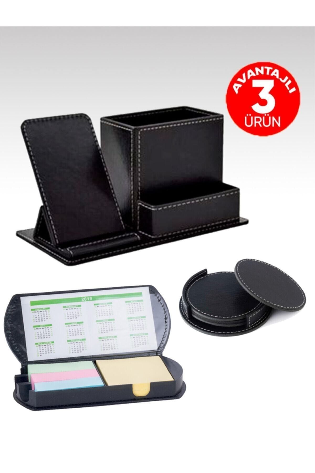 EGESTA Özel Set/suni Deri Telefon Standlı Kalemlik-4'lü Deri Bardak Altlığı-renkli Yapışkanlı Not Kağıdı
