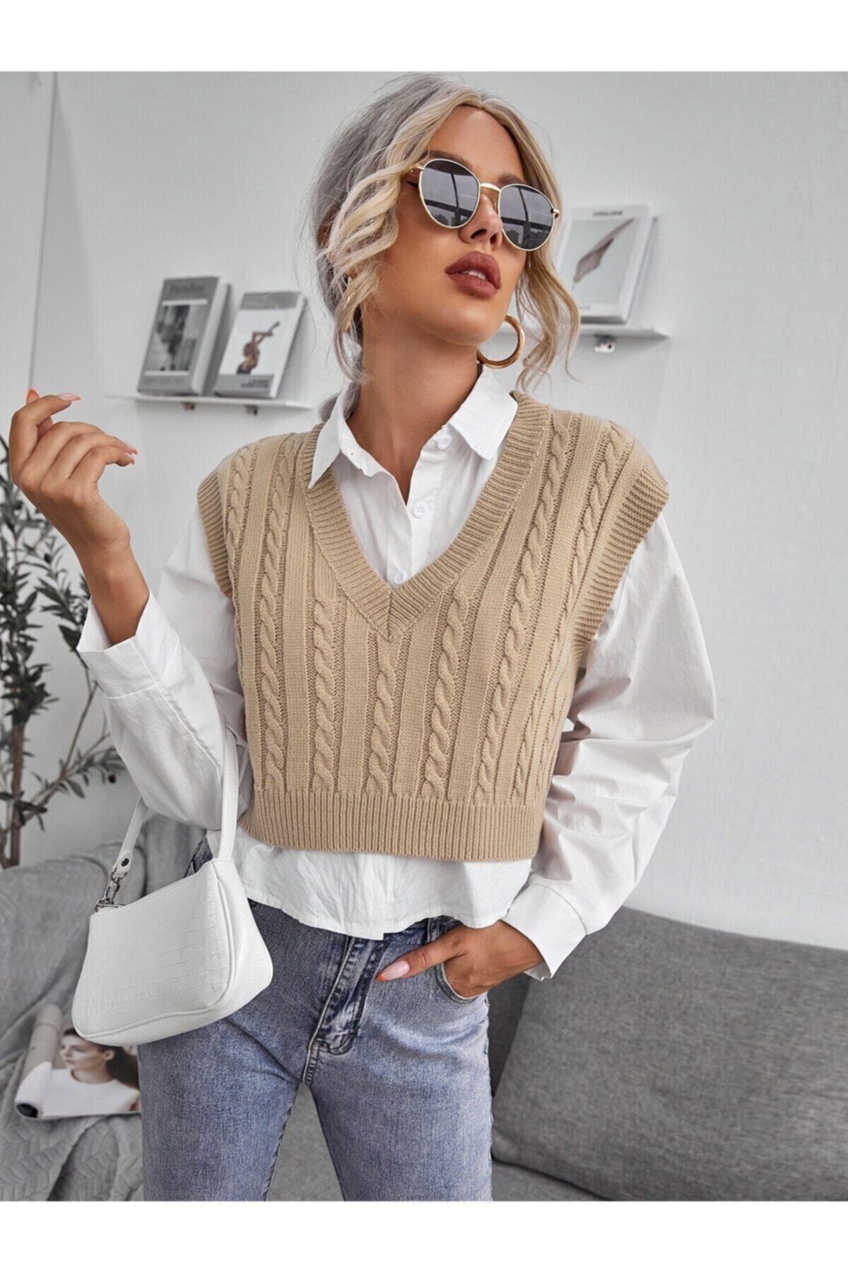 erki triko Kadın Camel Saç Örgü V Yaka Crop Süveter