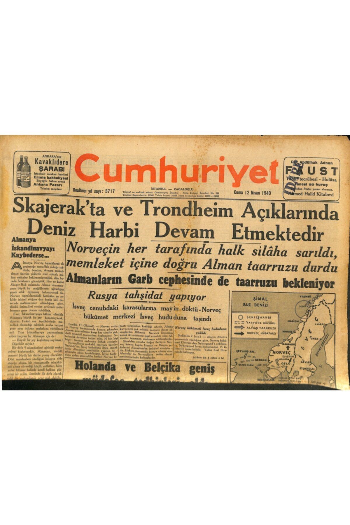 Gökçe Koleksiyon Cumhuriyet Gazetesi 12 Nisan 1940 Skajerak'ta Ve Trondheim Açıklarında Deniz Harbi Devam Etmektedir