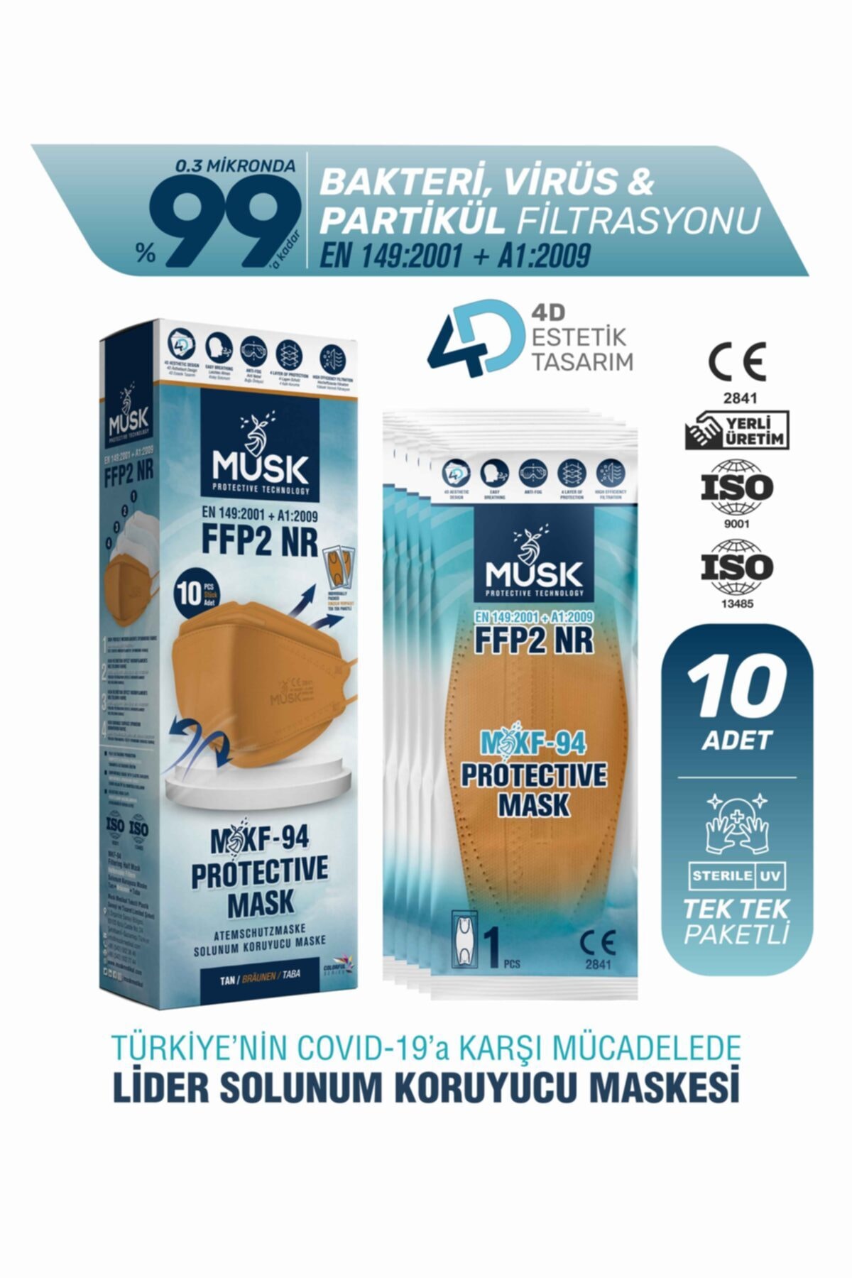 Musk Kf94 Kore Tipi Ffp2 Maske Taba Renk 10 Adet