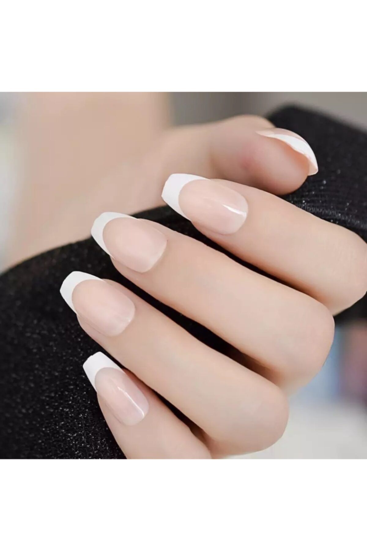 EDA LUXURY BEAUTY Pembe Beyaz French Takma Tırnak Lüks Parlak Doğal Desenli Uzun Kare Coffin Nail Art Set