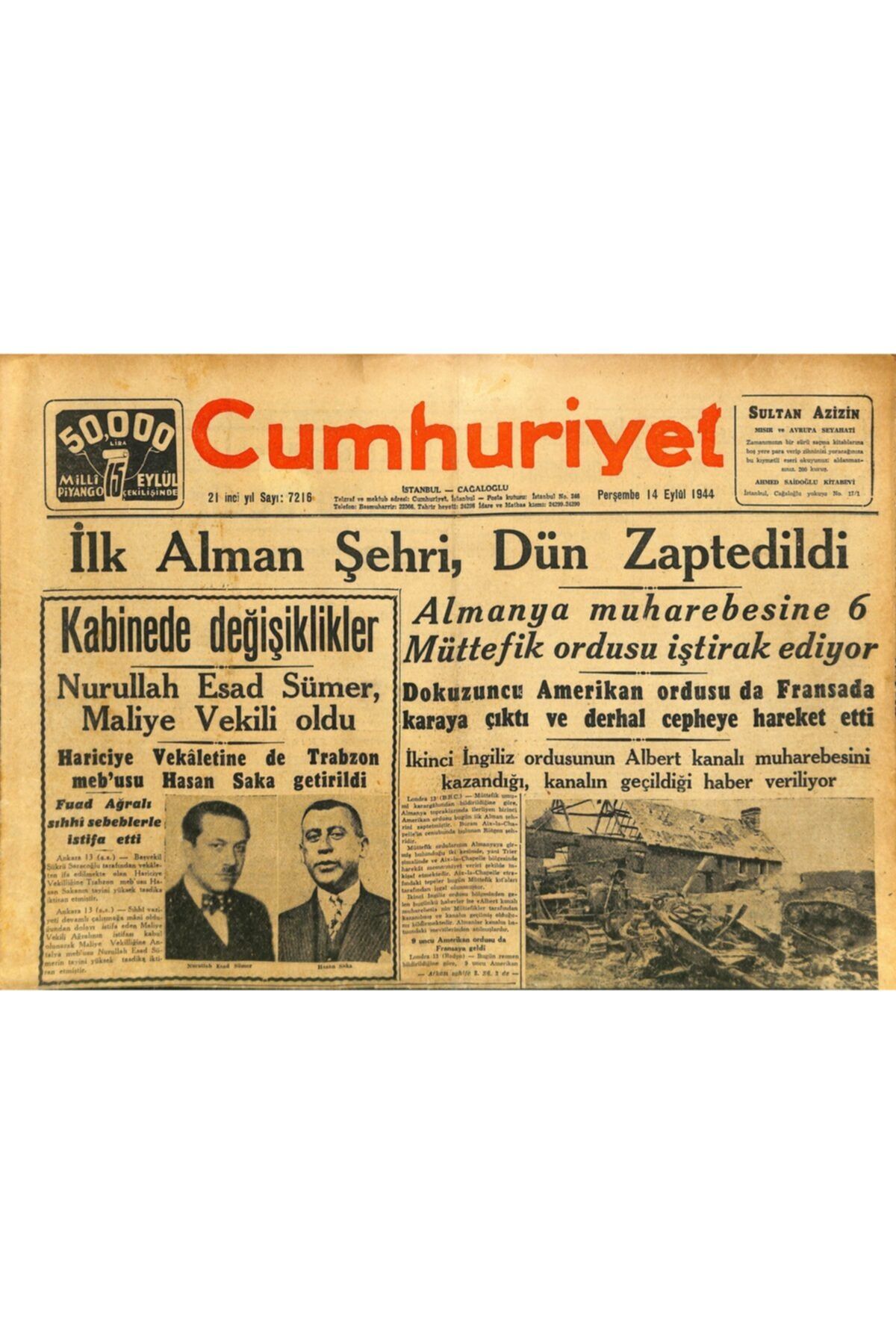 Gökçe Koleksiyon Cumhuriyet Gazetesi 14 Eylül 1944 Nurullah Esad Sümer Maliye Vekili Oldu