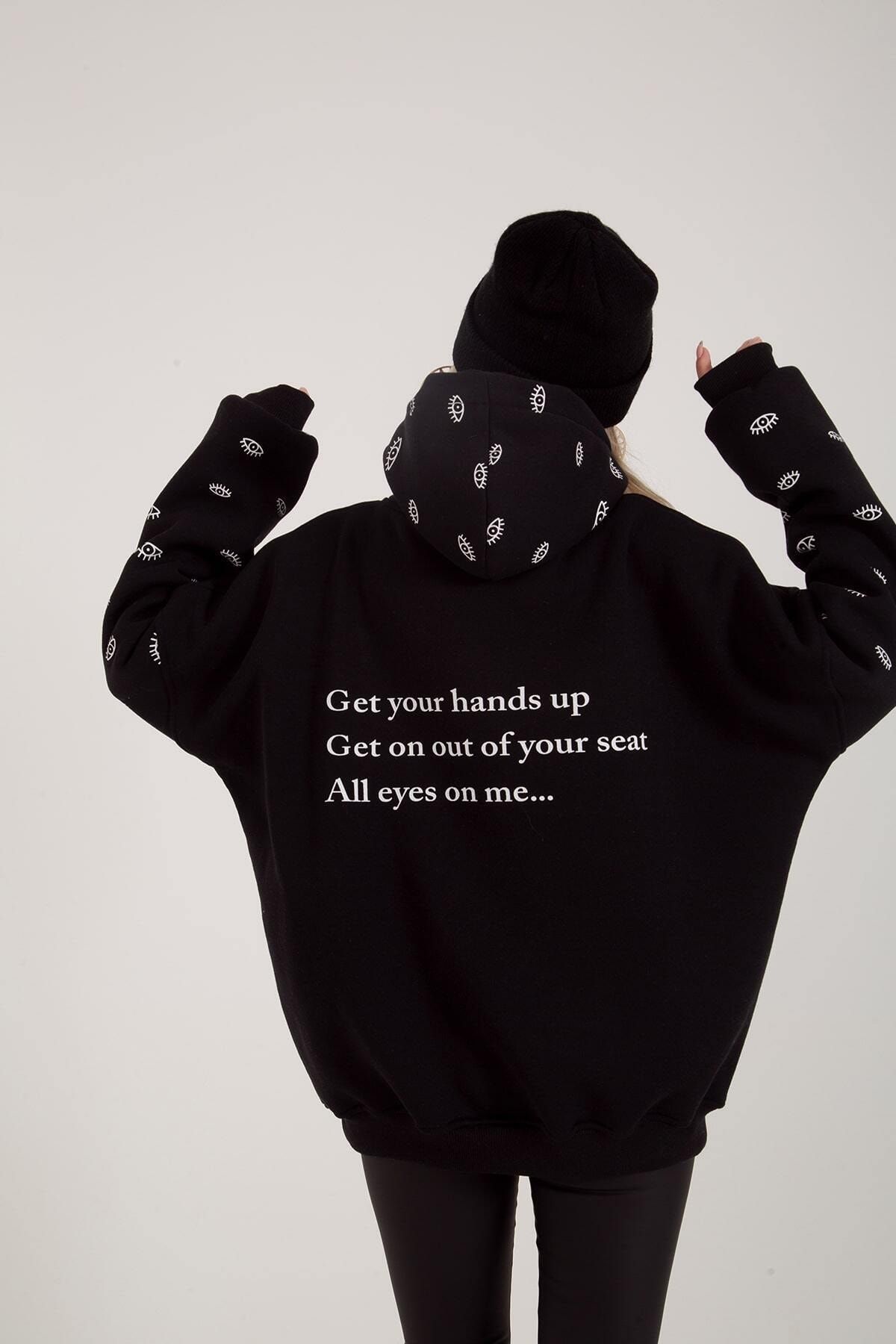 HOLLY LOLLY Kadın Siyah Standart Oversize Kapüşonlu Eye Unisex Sweat