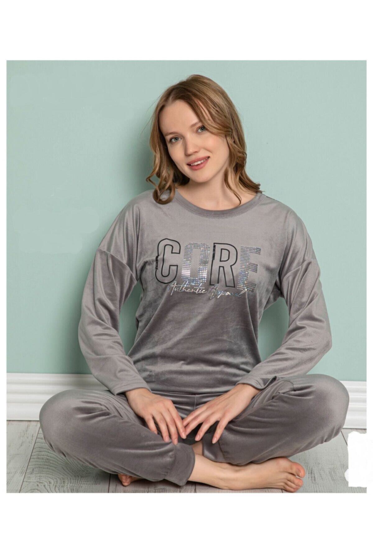 Mihra Stil Mihra 1955 Kadın Kışlık Kadife Pijama Takımı - Gri