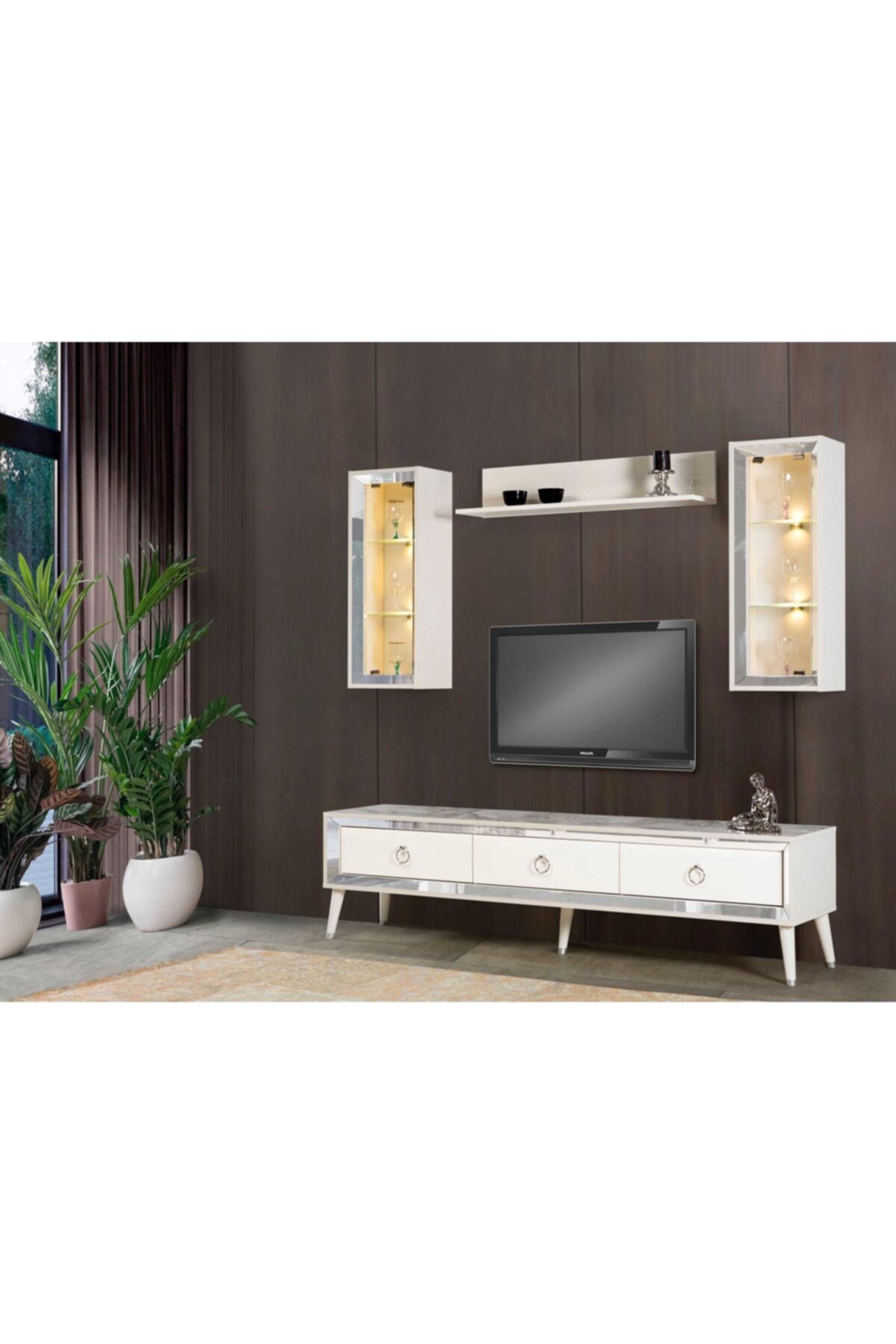 Rs Dizayn Beyaz Gold Ledli Tv Ünitesi