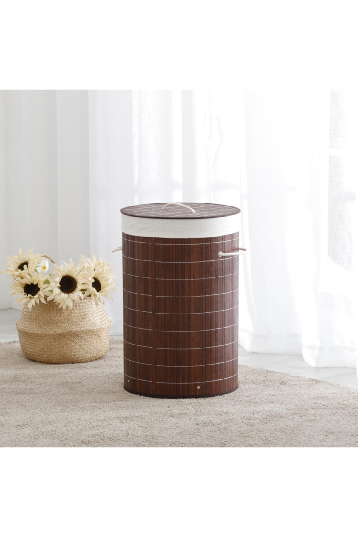 Sia Bambu Kapaklı Çamaşır Sepeti El Yapımı,çukulata Kahve 35x35x60cm