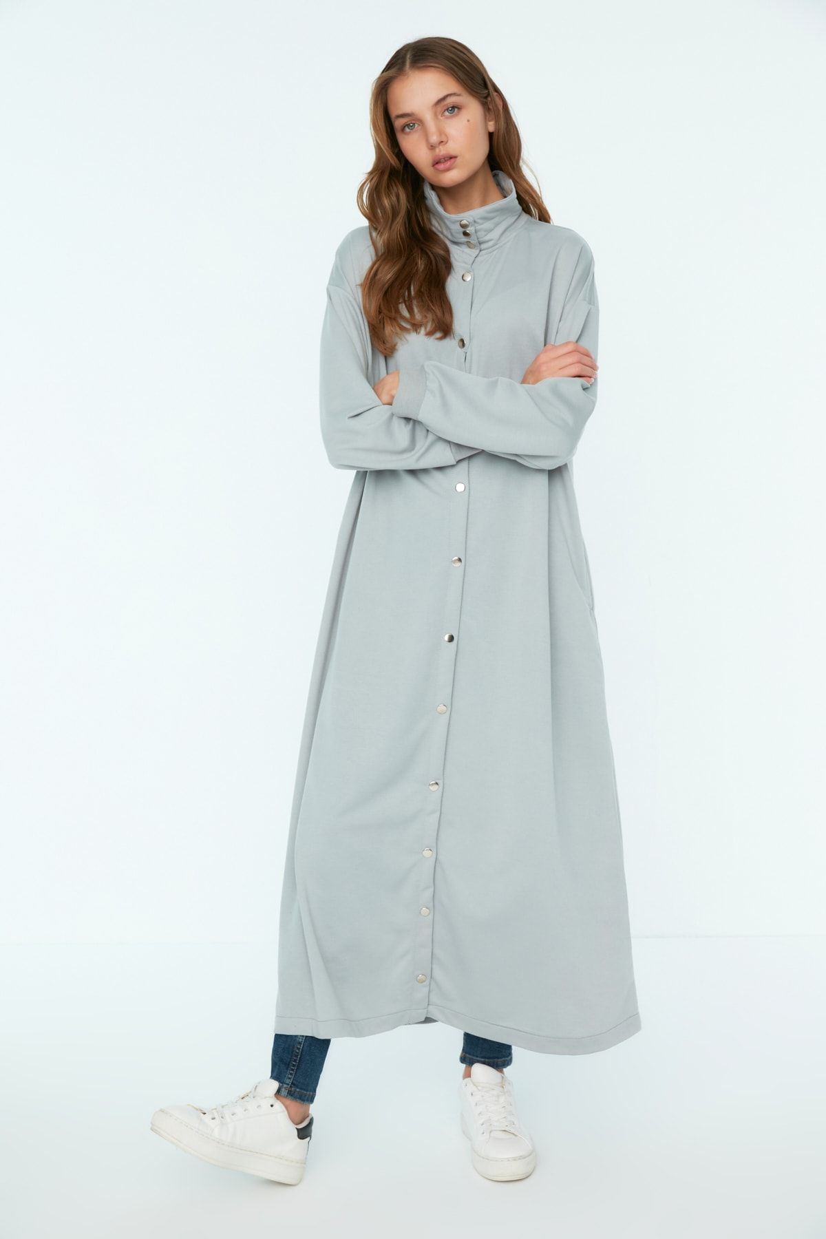 Trendyol Modest Gri Dik Yaka Çıtçıt Detaylı  Kap & Ferace TCTSS22KF0003