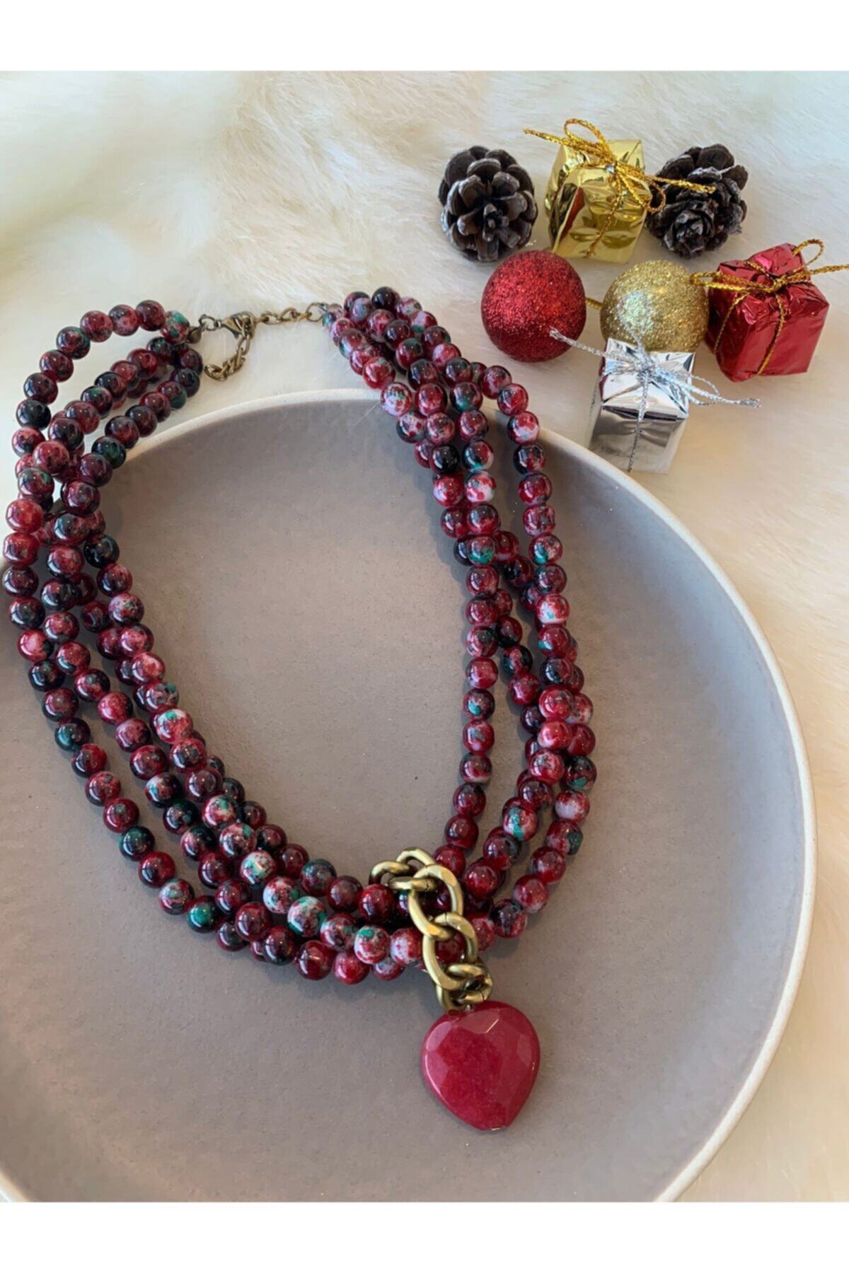 Pelin Aksesuar Bordo Kalp Jade Doğaltaşlı Çoklu Cam Boncuklu Tasarım Kolye