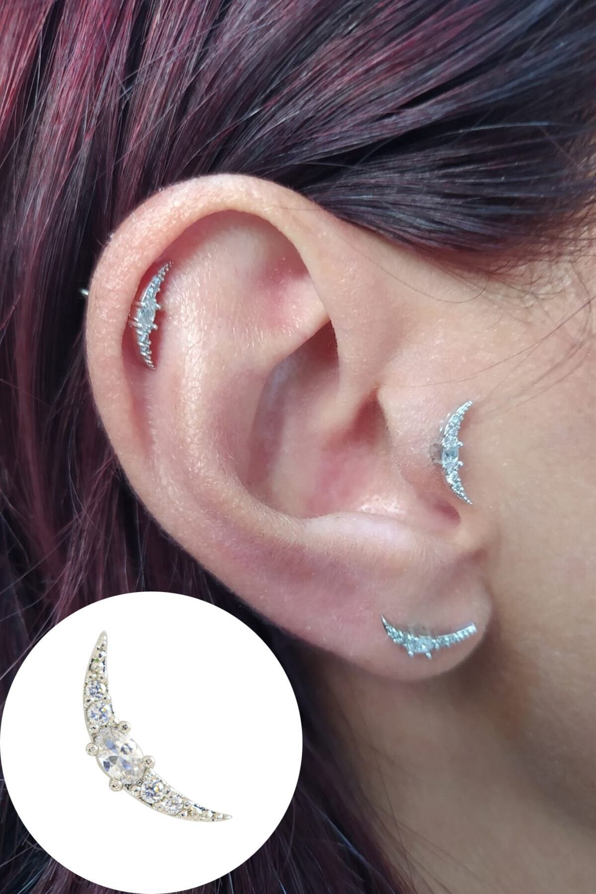 No:3Company Cerrahi Çelik Taşlı Ince Ay Figürlü Helix,tragus Piercing N1tapı19092003