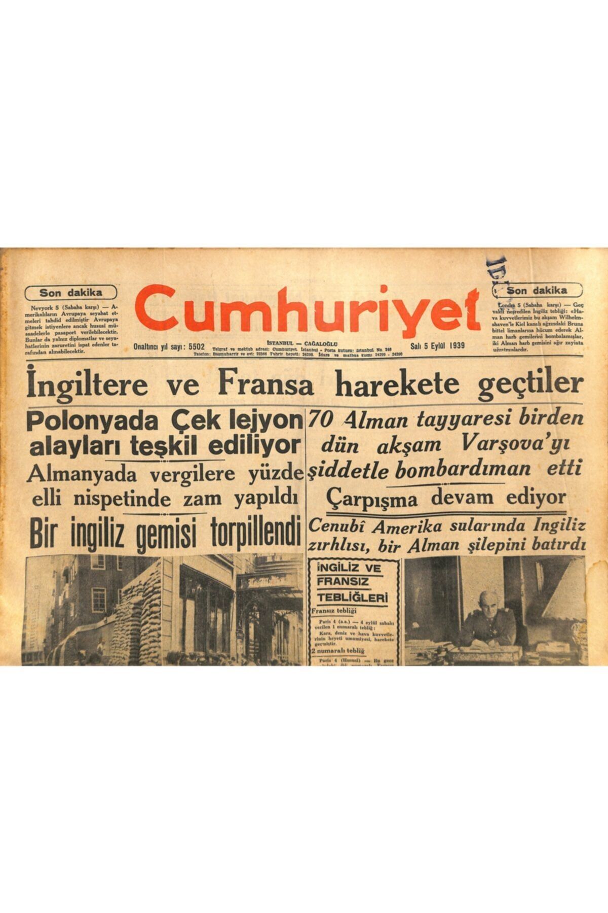 Gökçe Koleksiyon Cumhuriyet Gazetesi 5 Eylül 1939 - Polonyada Çek Lejyon Alayları Teşkil Ediliyor
