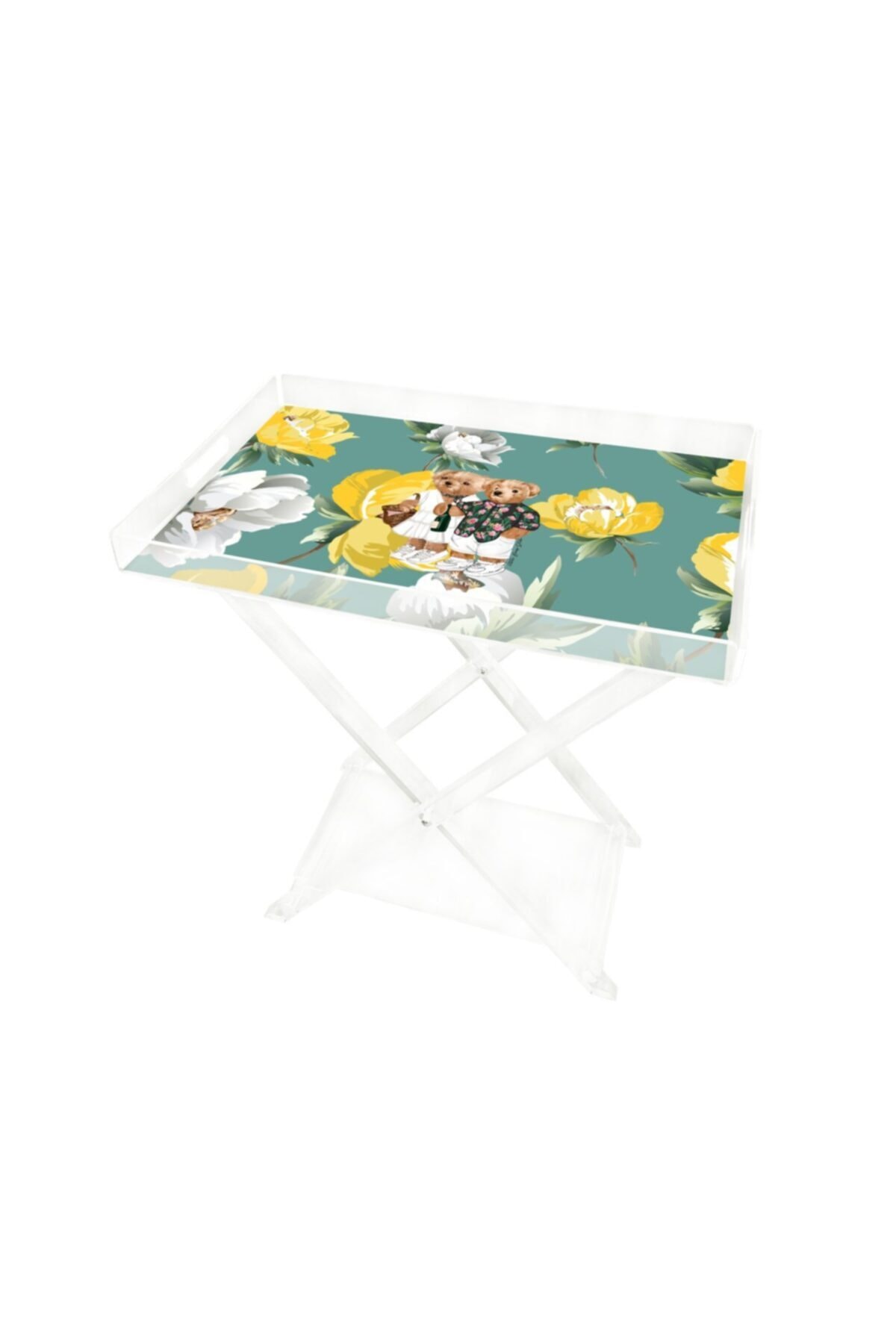 VİTELLİ Sarı Beyaz Manolya Teddy Bear 60x40 Pleksi Sehpa