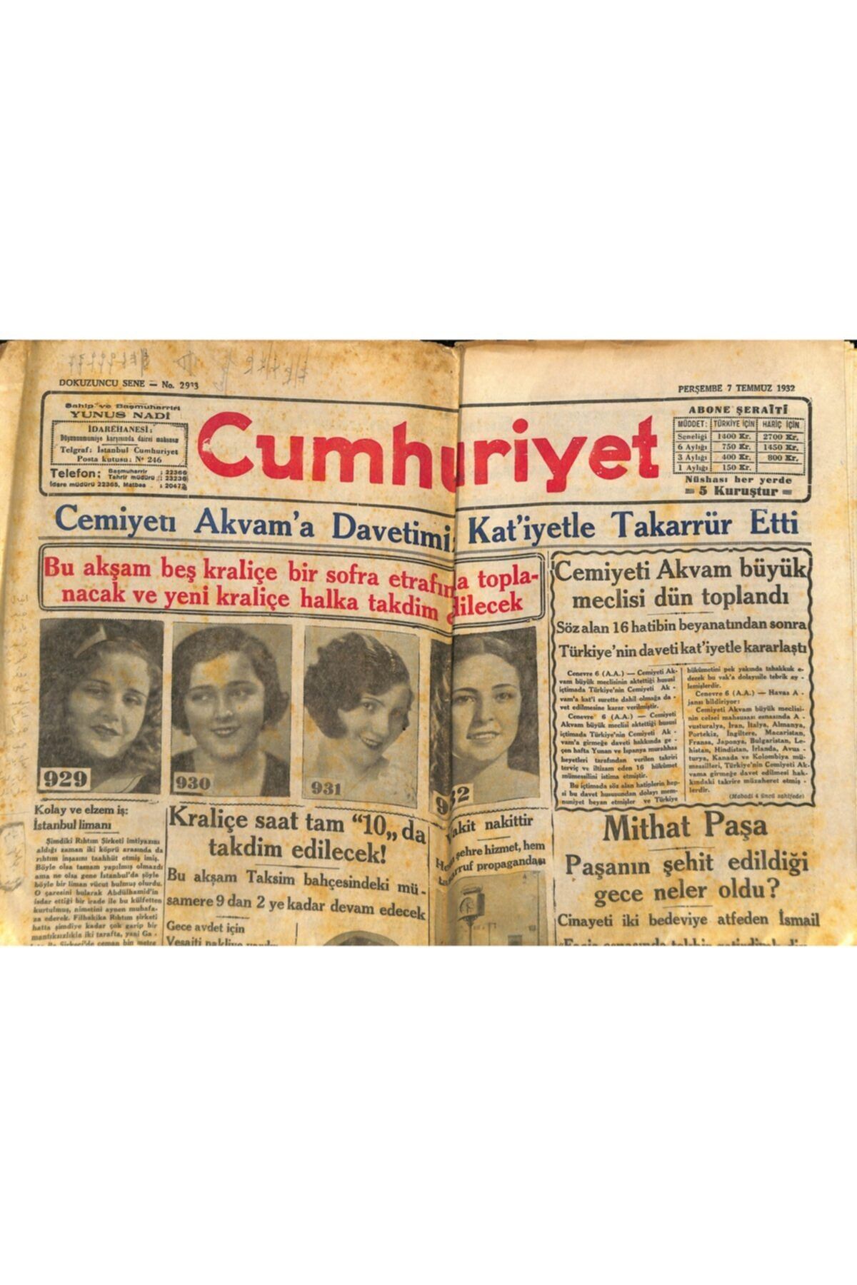 Gökçe Koleksiyon Cumhuriyet Gazetesi 7 Temmuz 1932 Dün Köprülüzade Fuat Şemsettin Ve Ismail Hakkı