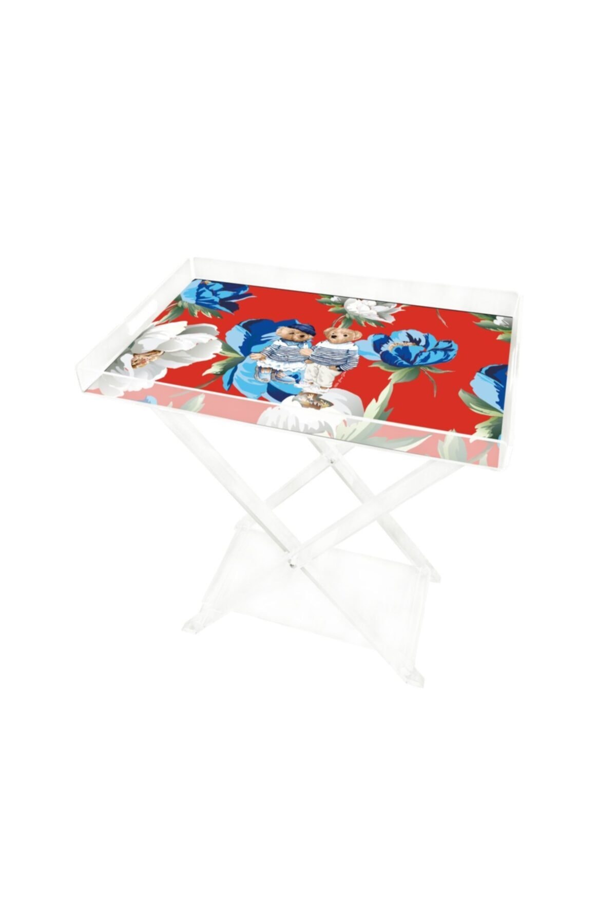 VİTELLİ Mavi Beyaz Manolya Teddy Bear 60x40 Pleksi Sehpa