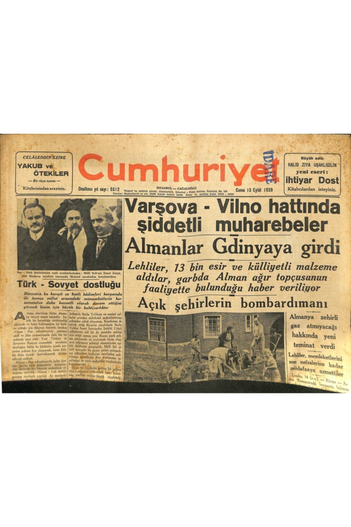Gökçe Koleksiyon Cumhuriyet Gazetesi 15 Eylül 1939 - Almanya Zehirli Gaz Kullanmıyacağını Vadetti