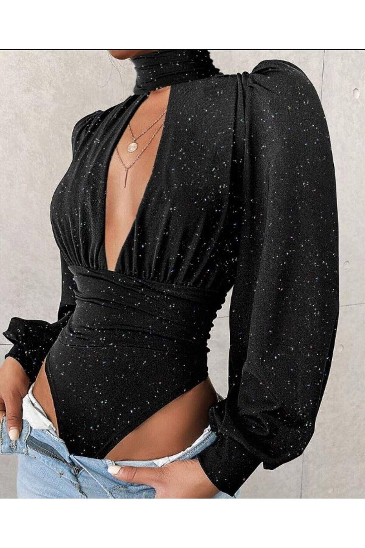 BLACK&GRACE İthal Kadife Simli Body Suit