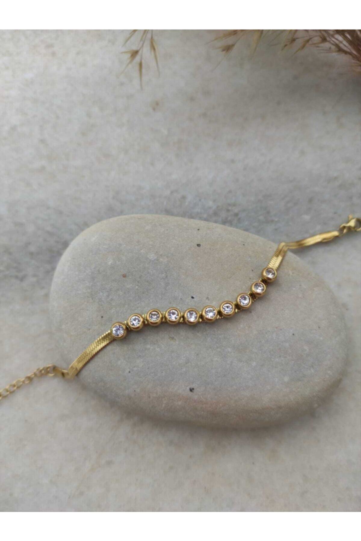 stainless steell Çelik Altın Renk Taşlı Italyan Zincir Bileklik