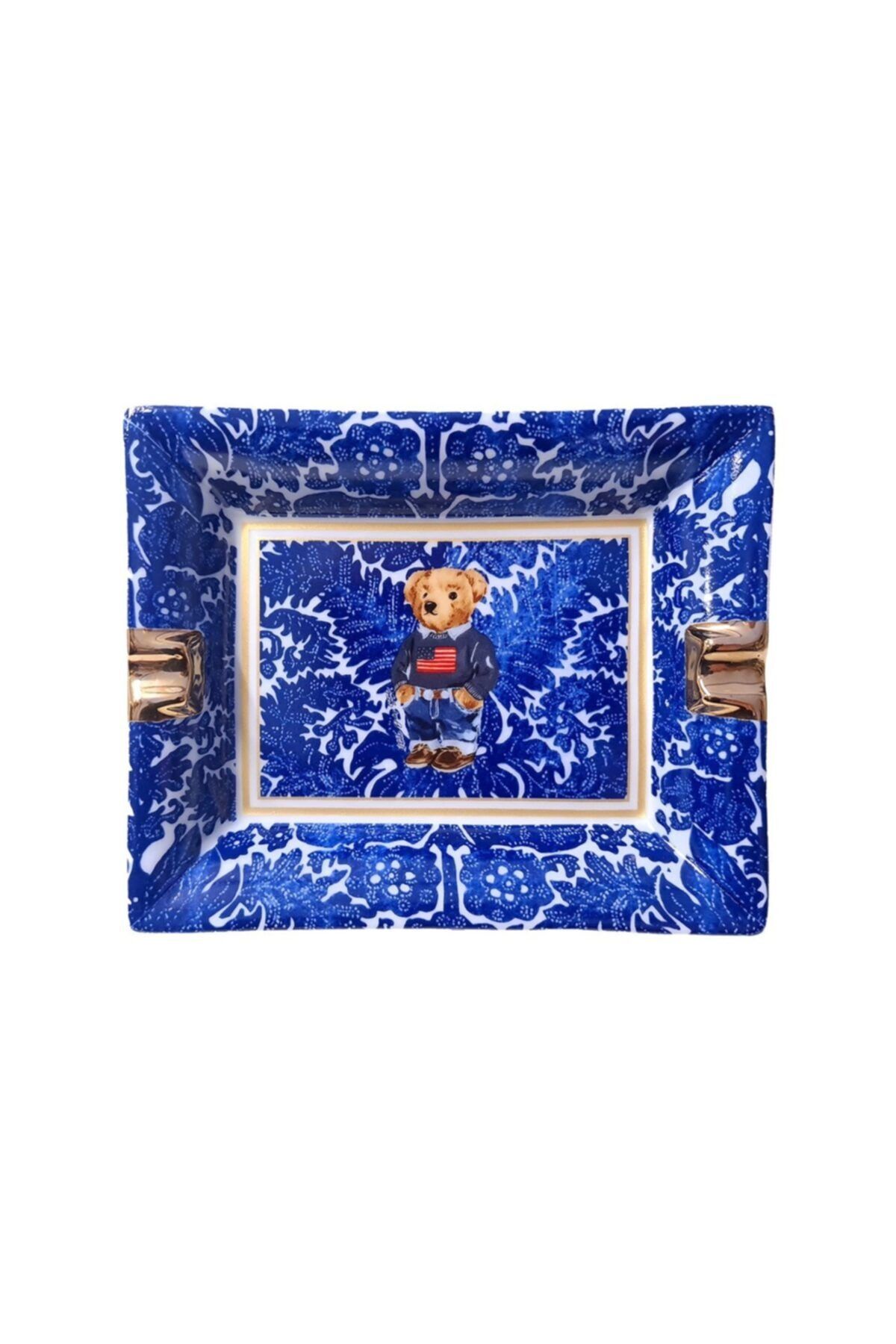 VİTELLİ Lacivert Beyaz Teddy Bear Porselen Kül Tablası