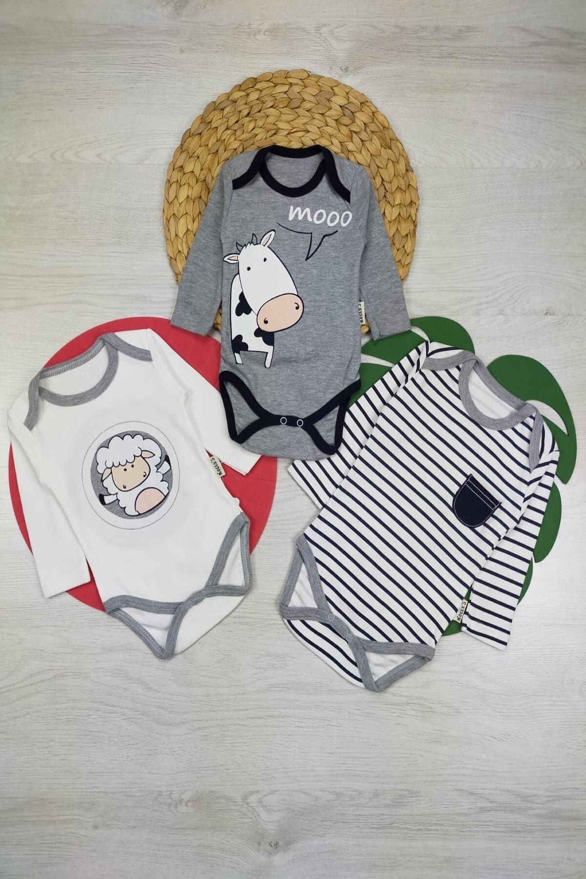 Necix's Bebe Erkek Bebek 3 Parça Kuzulu Inekli Body Set