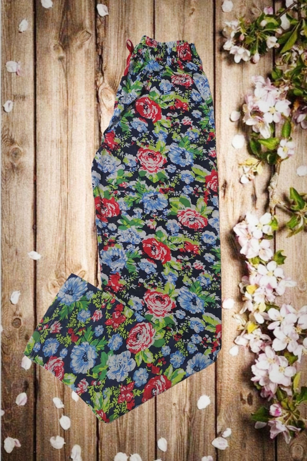 Usds Butik Mavi Kırmızı Gül Desenli Bayan Penye Pijama Altı