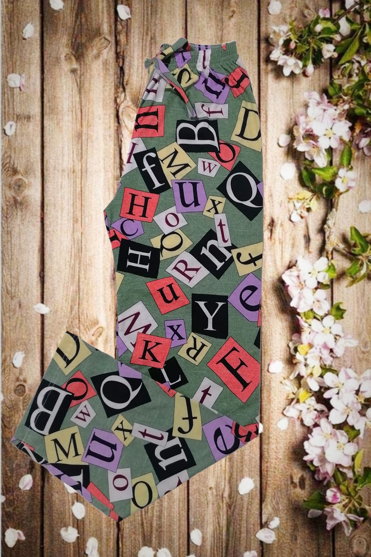 Usds Butik Haki Renkli Harf Baskılı Kadın Penye Pijama Altı