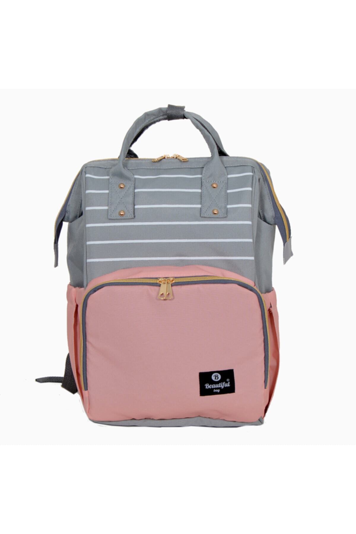 beautiful bag Pembe Gri Çizgili Anne Bebek Bakım Sırt Çantası