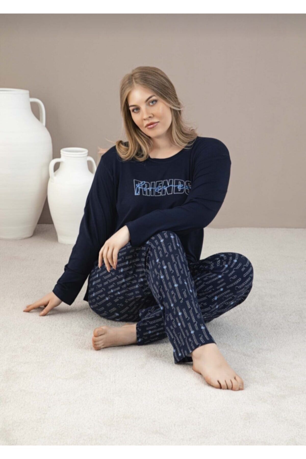 AYDOĞAN HOMEWEAR Aydoğan Büyük Beden  Uzun Kol Pijama Takımı