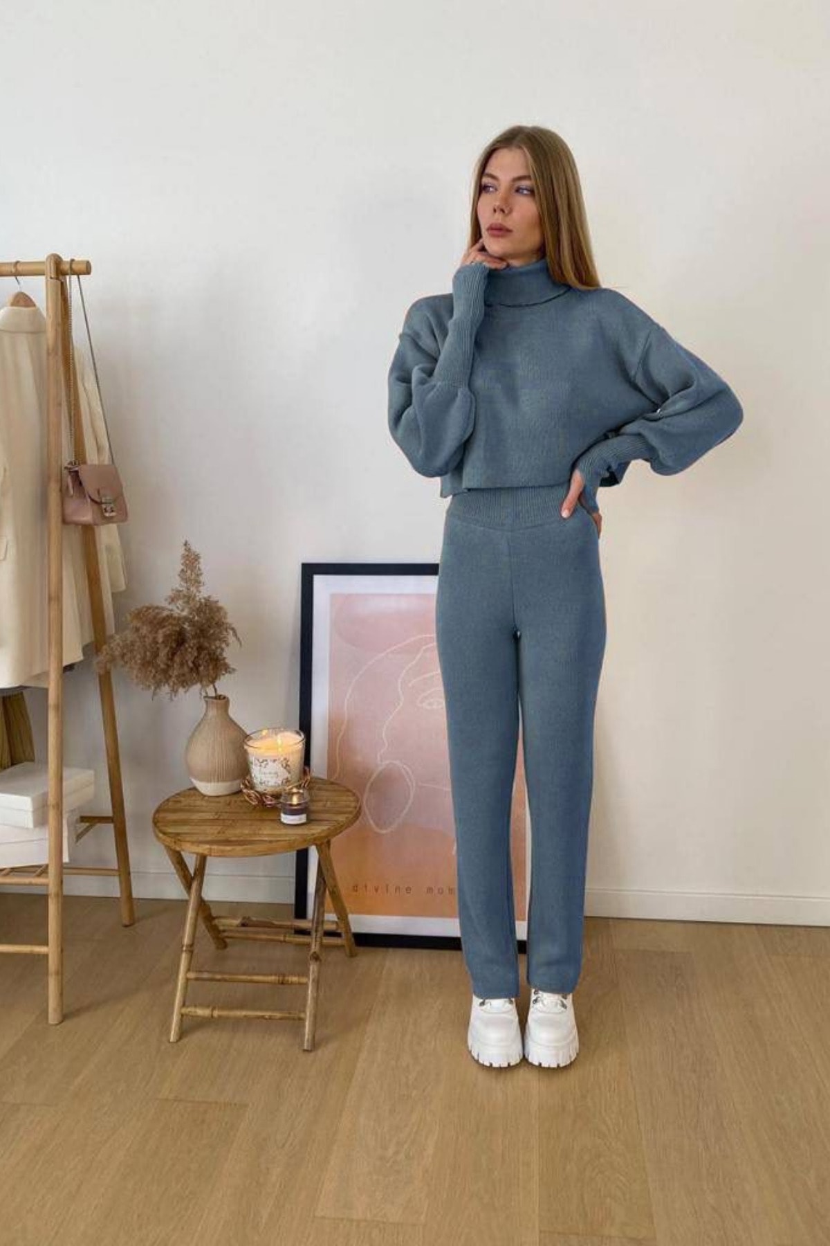 1Moda1Tarz Kadın Indigo Balıkçı Yaka Üst Crop Triko Alt-üst Takım