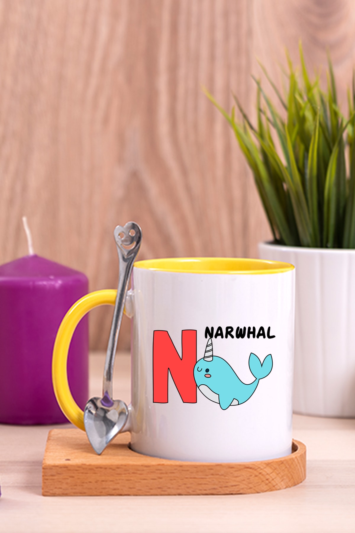 Procity Ingilizce Öğreniyorum N Harfi Çocuklara Özel Ahşap Altlıklı Kaşıklı Sarı Kupa Bardak