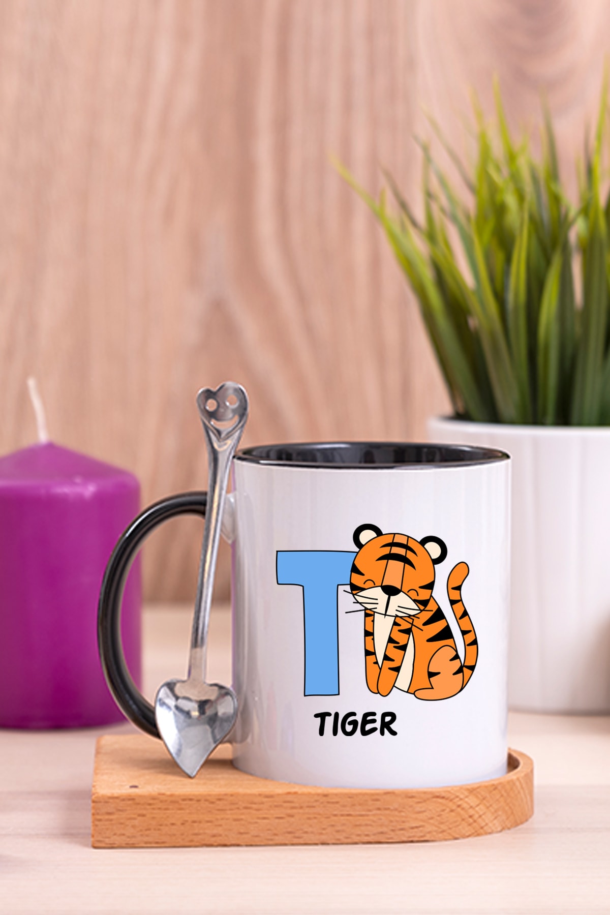 Procity Ingilizce Öğreniyorum T Harfi Çocuklara Özel Ahşap Altlıklı Kaşıklı Siyah Kupa Bardak