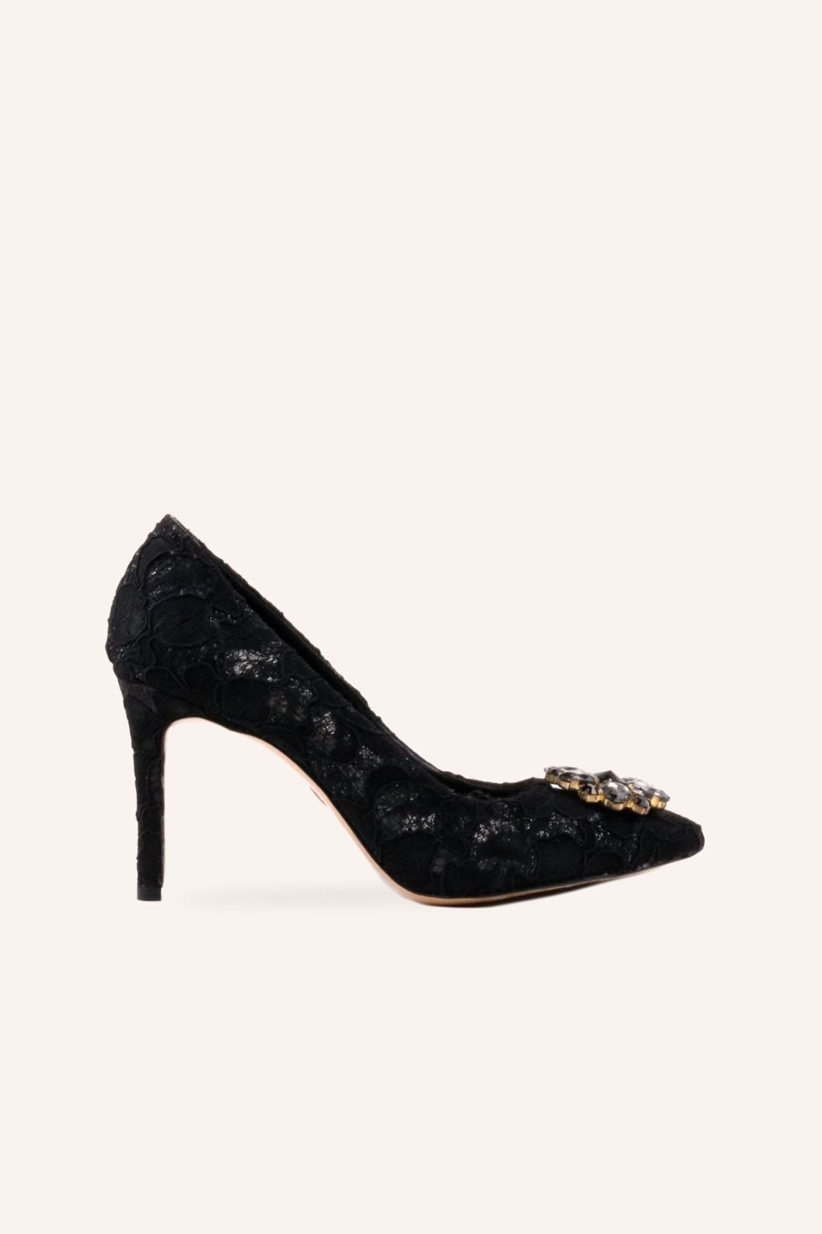 MARCATELLI Siyah Dantel Italyan Dantel Kristal Taşlı Stiletto