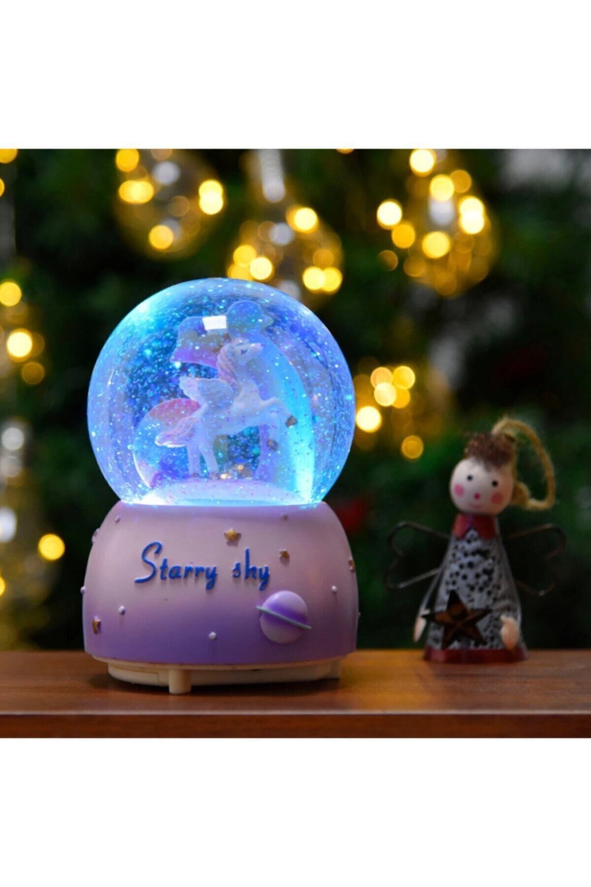 HEPBİMODA Unıcorn Pony Sim Püskürtmeli Motorlu Müzikli Işıklı Büyük Boy Simli Kar Küresi