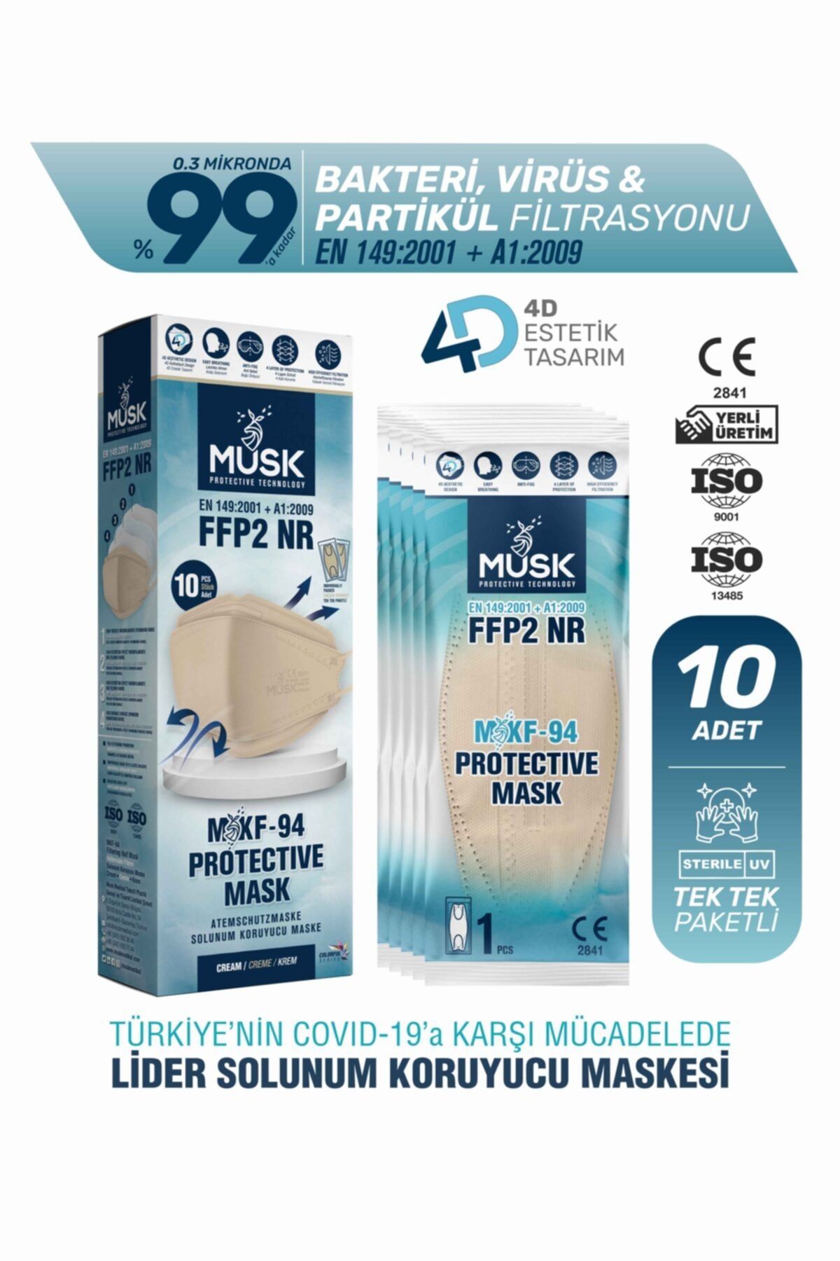Musk Kf94 Kore Tipi Ffp2 Maske Krem Renk 10 Adet