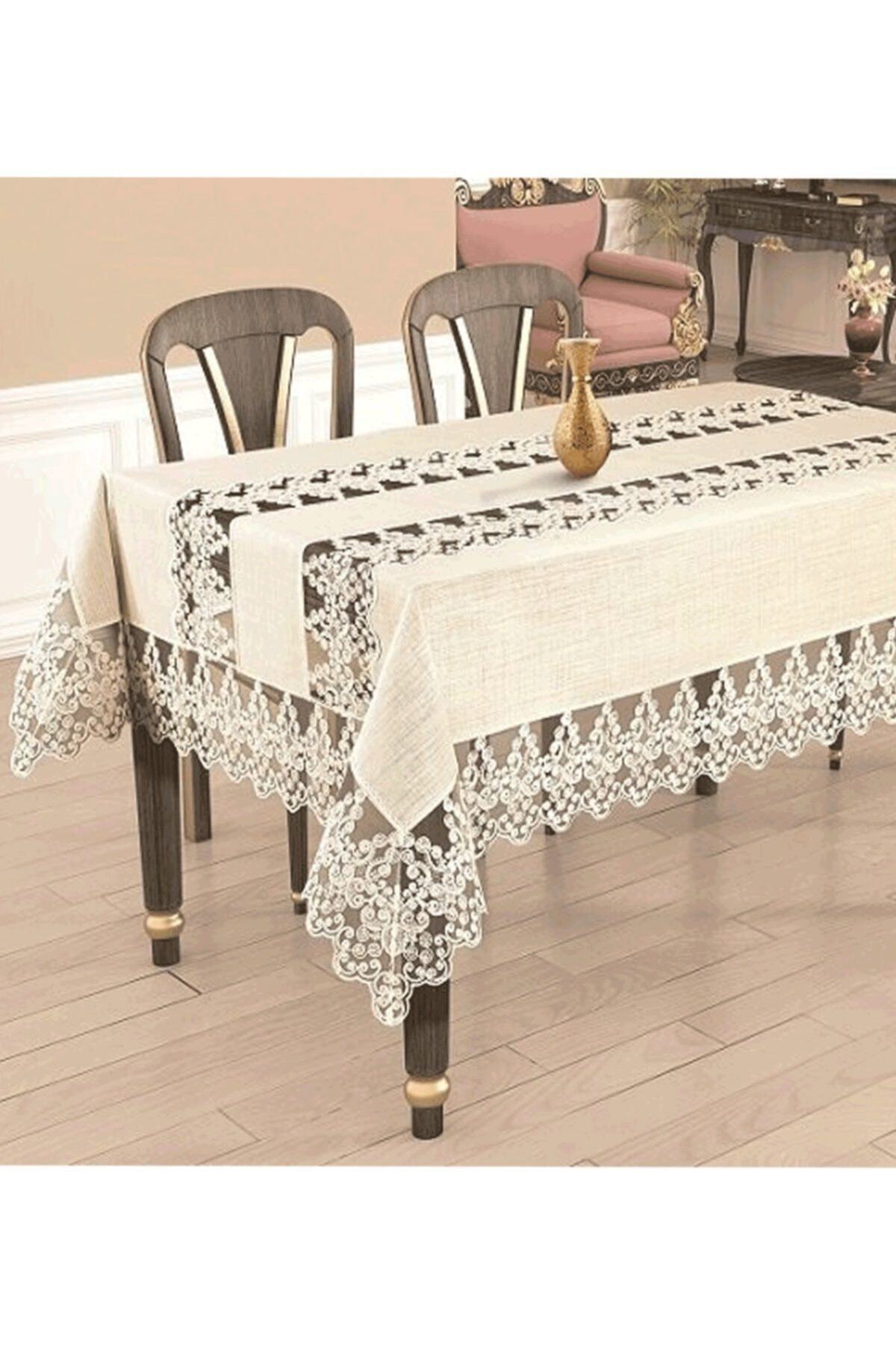 PW pink white home collection Calve Masa Örtüsü 160*220 cm Lüx Fransız Dantelli 8 Kişilik