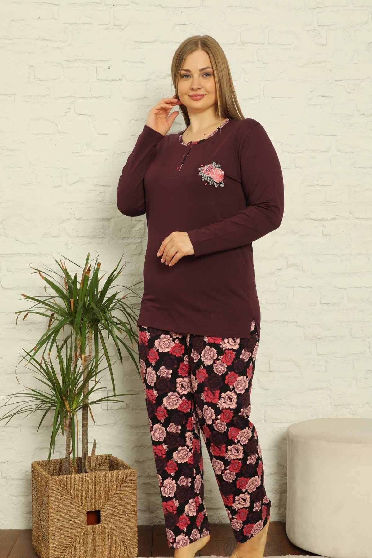 My Fashion World Büyük Beden Mürdüm Nakış Desenli Likralı Kadın Pijama Takımı