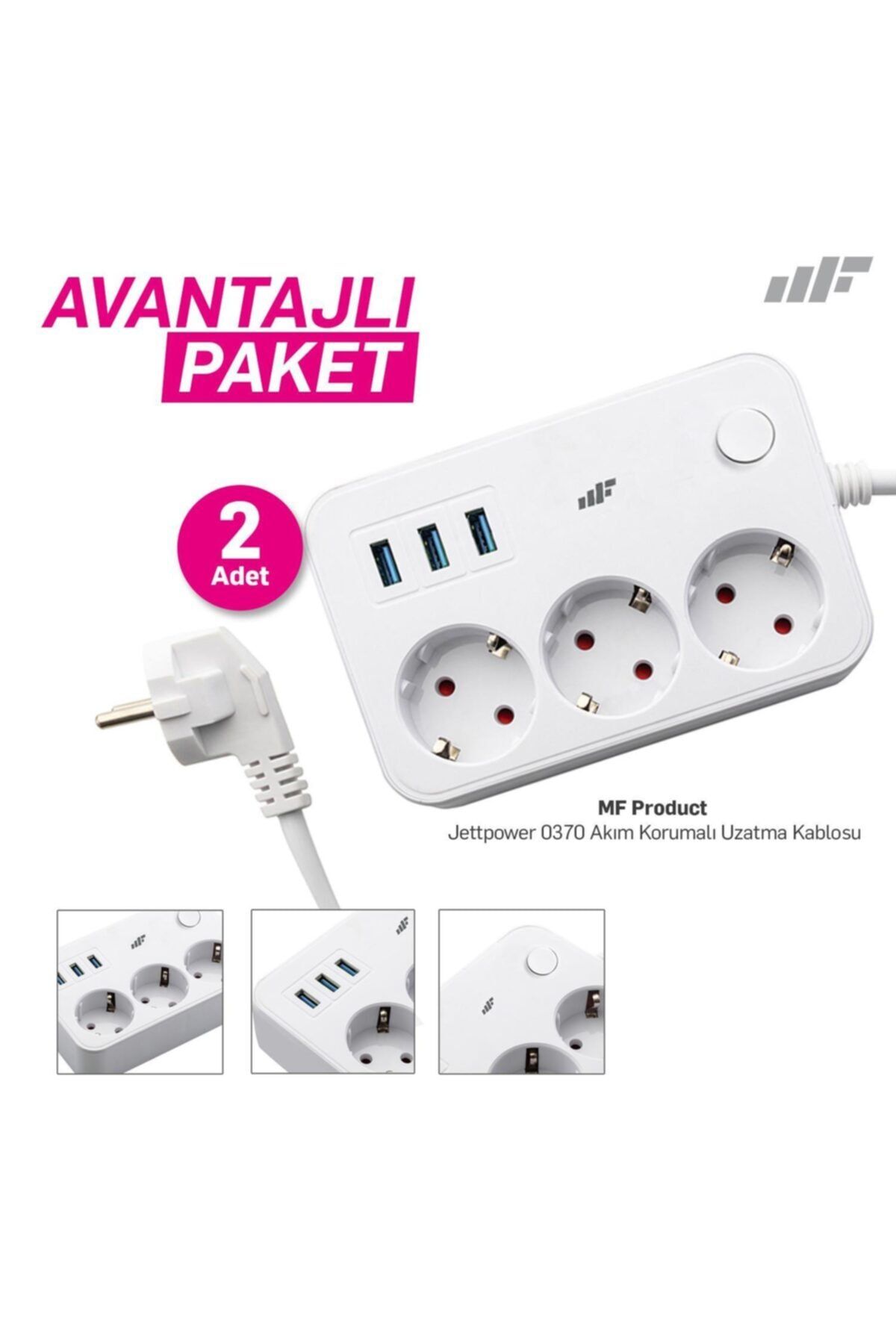 MF PRODUCT Jettpower 0370 Koruma Anahtarlı 3 Usb'li 2 Mt Uzatma Kablosu 2'li Paket