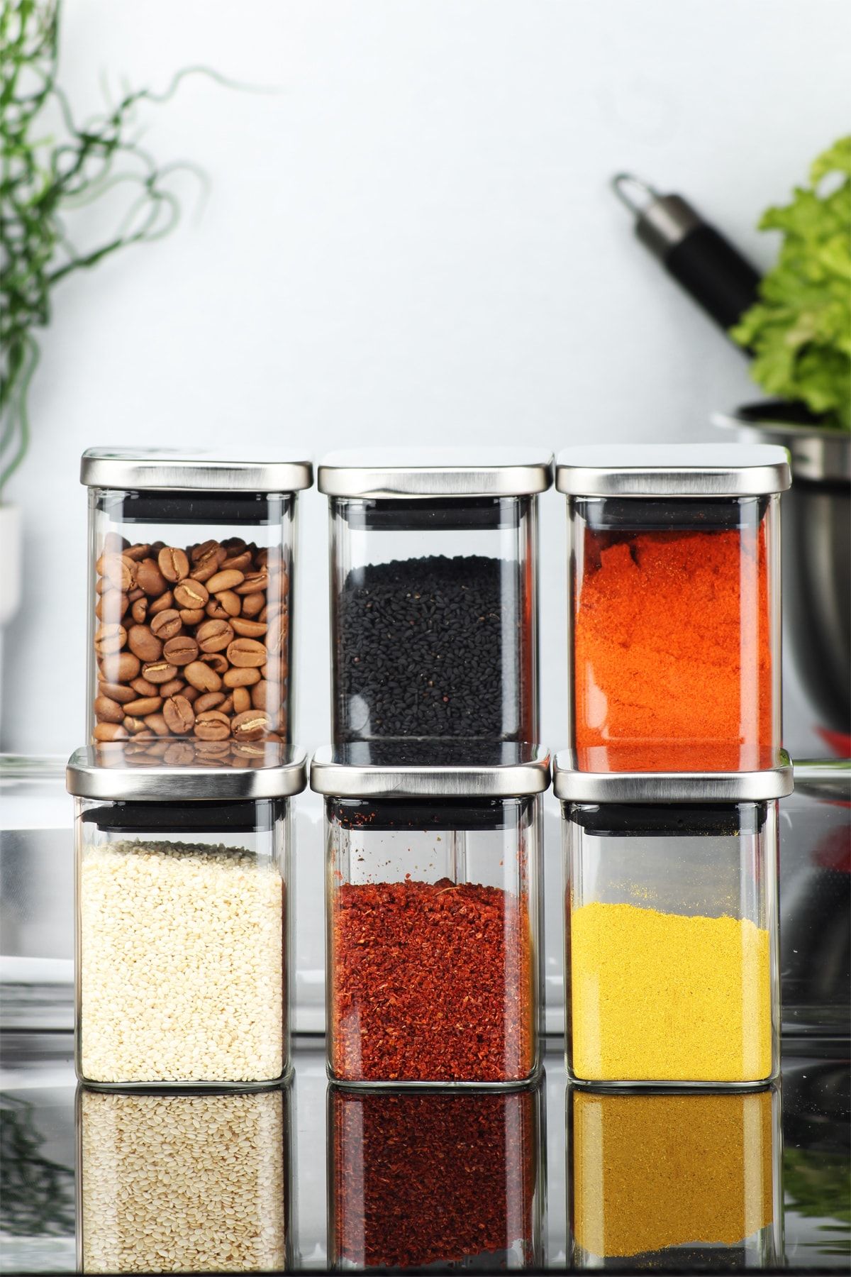 incili home 6’lı Kare Metal Vakum Kapaklı Cam Baharatlık Seti 160 Ml Kavanoz