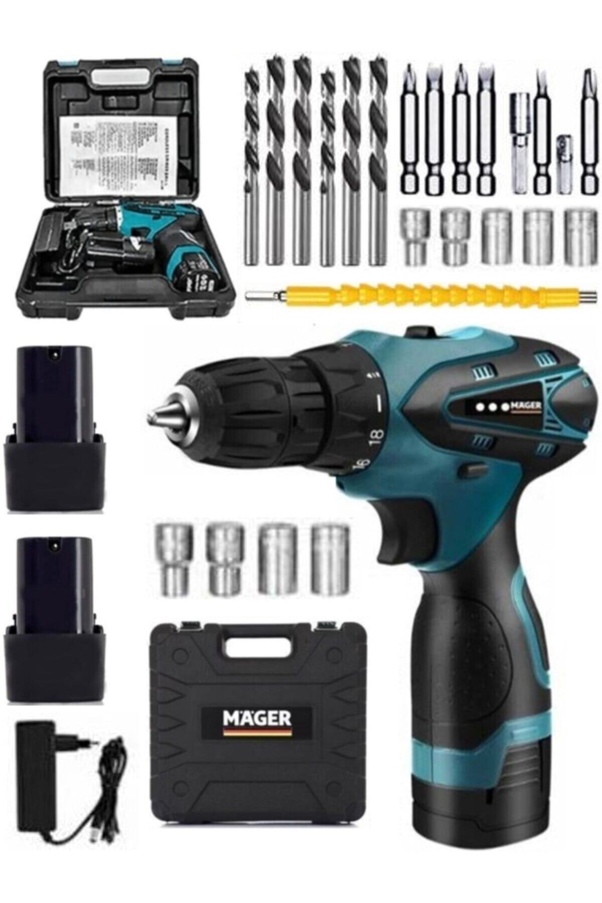 Mager 1020drs Çift Akülü Li-on Bataryalı Kutulu Işıklı Vidalama Şarjlı Matkap Ve 27 Parça Set