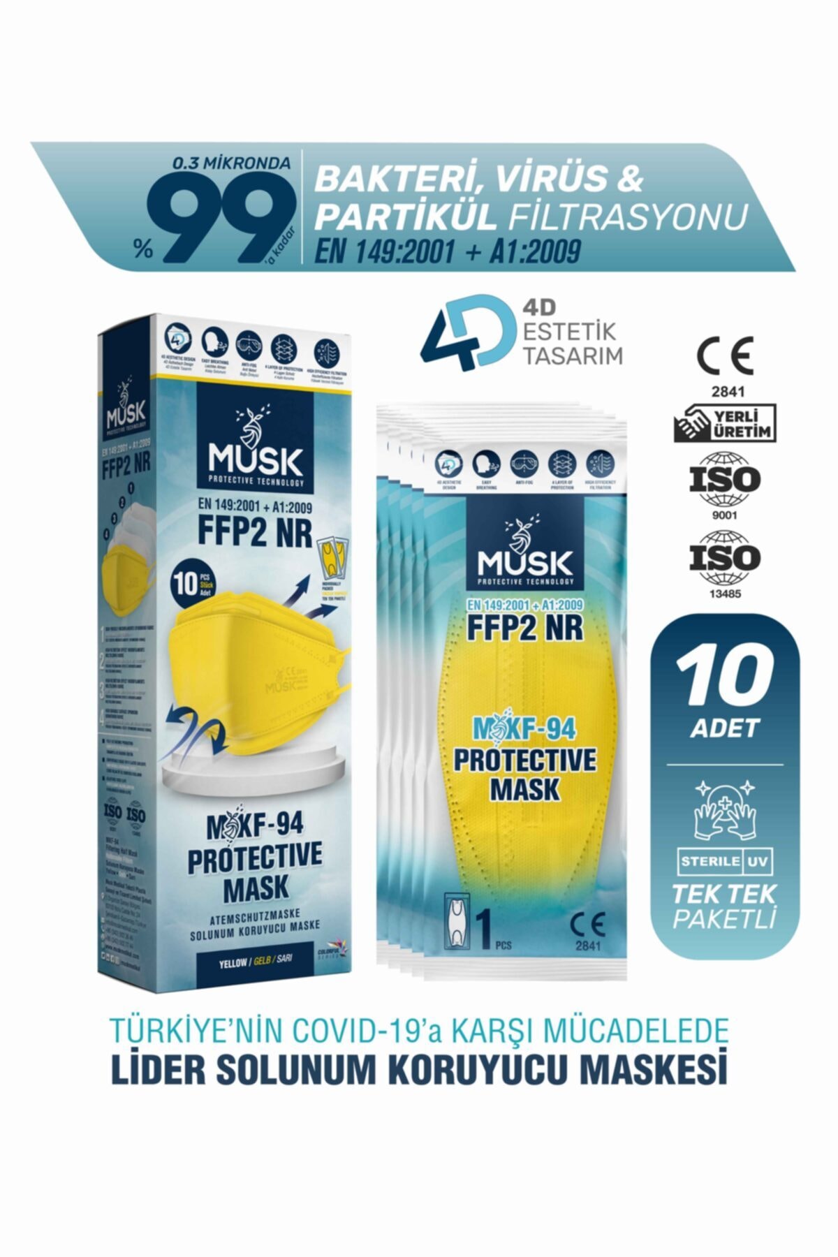 Musk Kf94 Kore Tipi Ffp2 Maske Sarı Renk 10 Adet