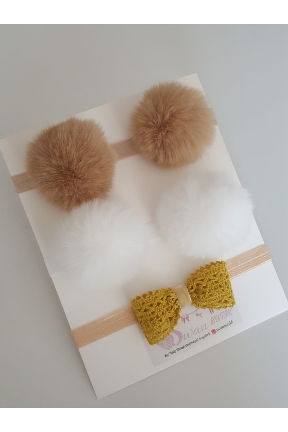swan butik Kız Bebek Renkli Fiyonk Camel Beyaz Peluş Ponpon Hardal Fiyonk Bandana