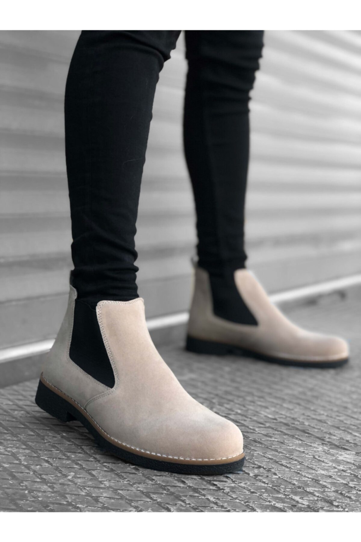 Erbilden Er0058 Chelsea Bağcıksız Lastikli Eskitme Vizon Süet Siyah Taban Erkek Yarım Bilek Bot